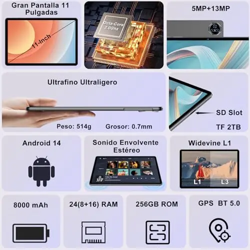 2025 Newest Tablet 11 Pulgadas Android 14 Tablets, 24GB RAM+256GB ROM (2TB TF), FHD IPS, Octa-Core, UFS 2.2 Flash, 8000mAh, 5MP+13MP, Dual WiFi, BT 5.0, Widevine L1, Face ID, Con Carcasa Metálica-Gris