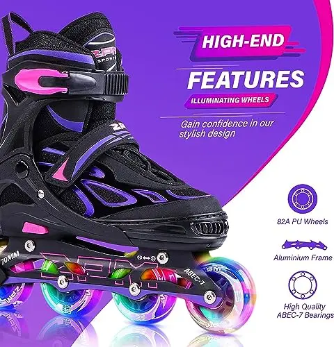 2PM SPORTS Vinal Regulables Iluminación Patines en línea para Hijo y Adolescentes con luz Completa hasta LED Ruedas, Diversión Flashing Roller Blades para niños y niñas (M 34-37)