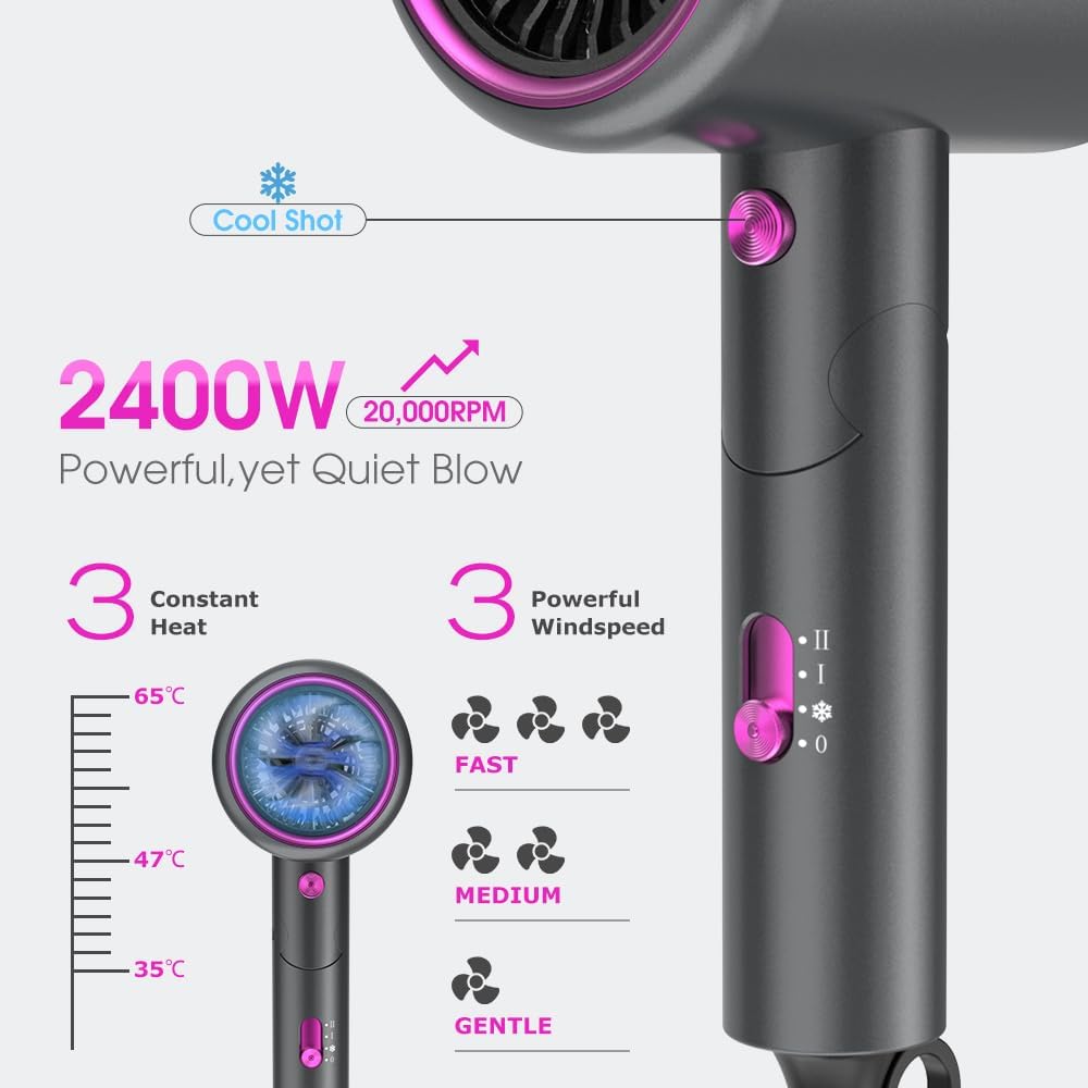 Imagen del producto - Secador de Pelo Iónico 2400W con Bolsa de Viaje, [Ligero, Alta Velocidad & Plegable] Set de peinado con concentrador/difusor/peine de volumen, Secadores de pelo Hair Dryer para uso Doméstico y Viaje