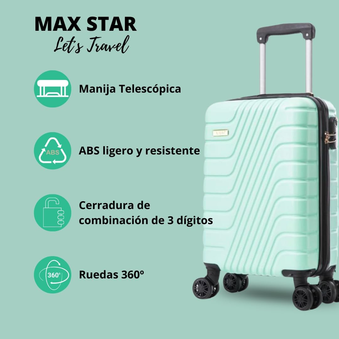 Imagen del producto - Max Star Maleta de Viaje Cabina MS-5257 XS 53x34x19cm, Resistente, Ligera, Impermeable, 4 Ruedas Dobles Giratorias 360º, Maleta de Mano Rígida, Seguridad Numérica (Turquesa)