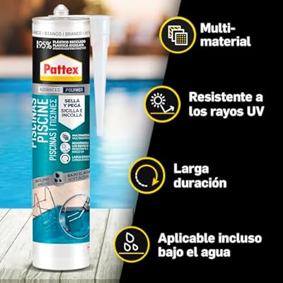 Imagen del producto - Pattex Sellador Piscinas (1 x 280 ml), polímero adhesivo sella y pega, multimaterial y fuerte, adhiere bajo el agua, apto para reparaciones en piscinas, grietas, fisuras y juntas