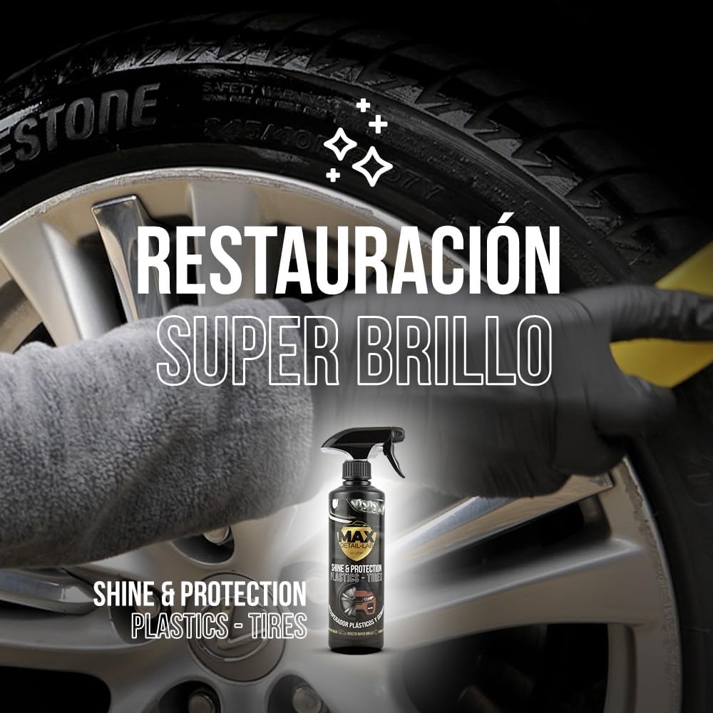 Imagen del producto - MAX DETAIL-LAB - Shine & Protection - Renovador Plasticos Coche, Restaurador Hidratador Abrillantador Neumaticos Gomas, Reparador Rejuvenecedor, Kit Limpieza Detailing Car Profesional Moto, 500ml