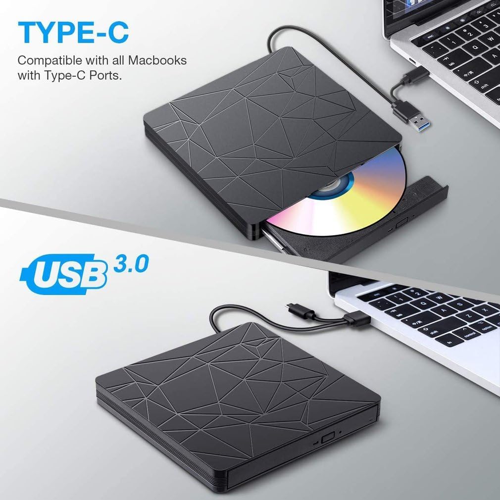 Imagen del producto - Cunsieun - Reproductor de CD/DVD externo USB 3.0 y tipo C portátil CD Rom /-RW reproductor grabador portátil CD para PC, Laptop, Desktops, Windows7/8/10/11/XP/Vista/Linux y Mac OS Apple/iMac/Macbook