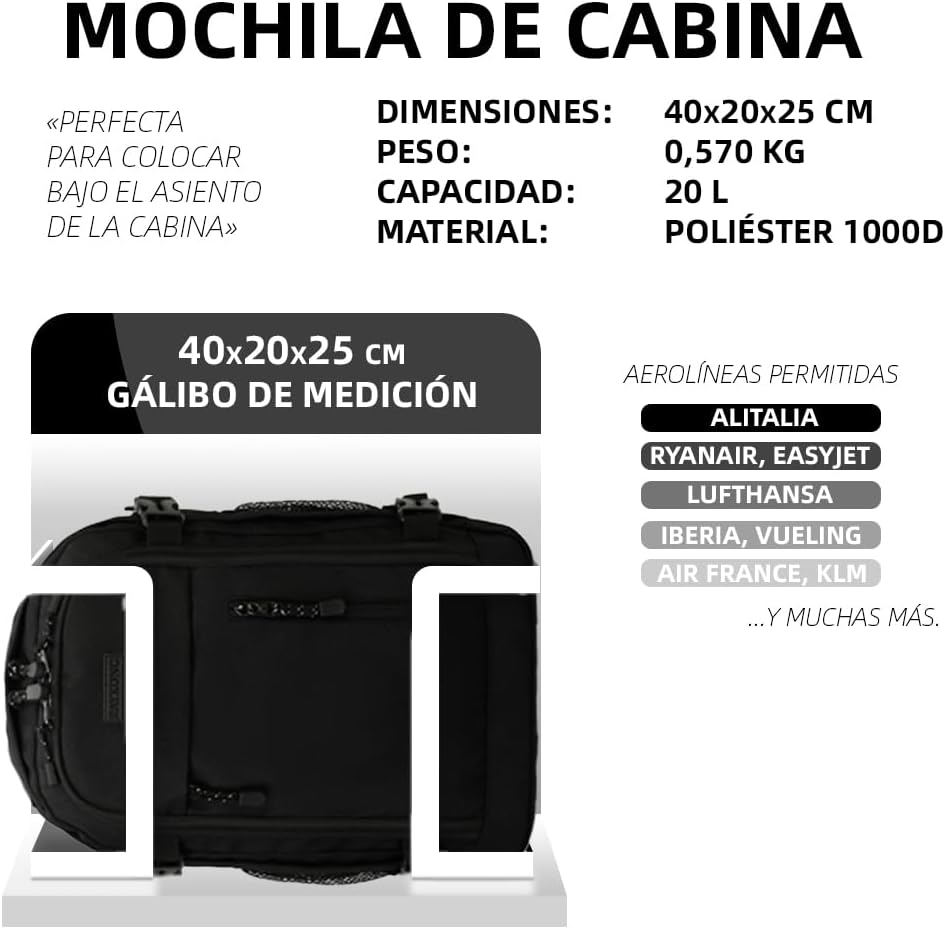 Imagen del producto - RAYKONG Mochila Cabina Ryanair 40x20x25cm (20L) | Mochila Viaje Avion Impermeable | Equipaje de mano Resistente | Mochila Para Senderismo | Escolar | Trabajo | Negro