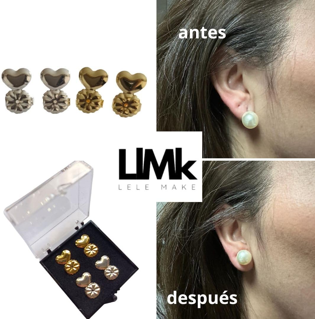 Imagen del producto - LELE MAKE. 2 Pares de Tuercas Elevadoras de Pendientes hipoalergénicas, color oro y plata + estuche de regalo | Cierres Pendientes Lóbulos Caídos y Orejas Rasgadas.