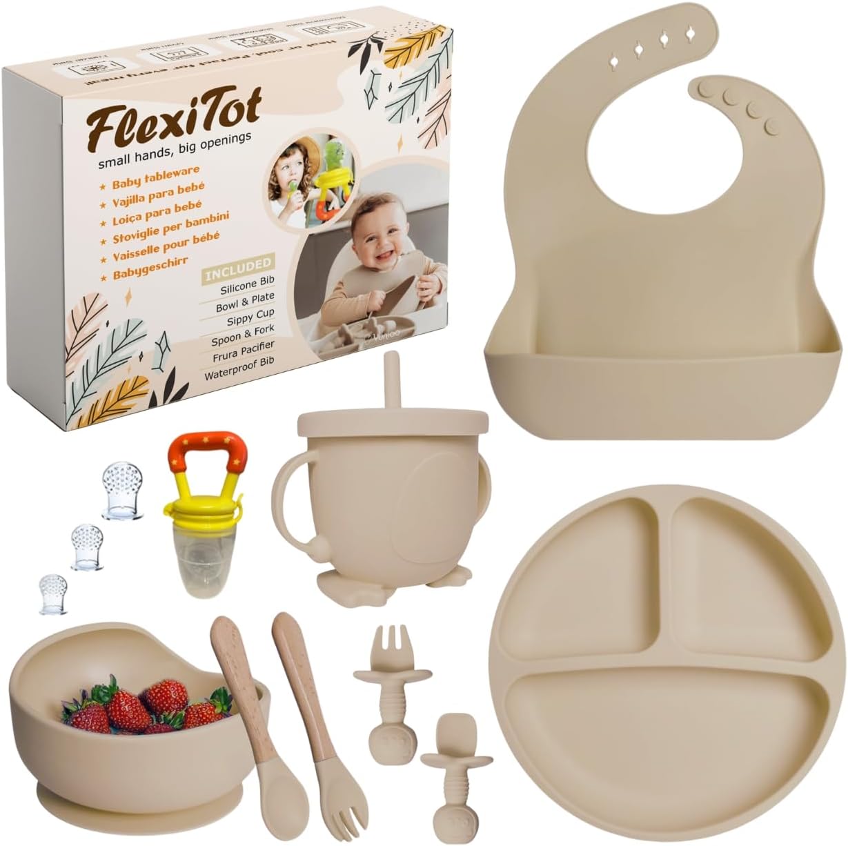 FlexiTot: La Vajilla de Silicona Perfecta para Bebés – 9 Piezas, Libre de BPA, Incluye Plato Con Ventosa, Vaso Antiahogo y Más