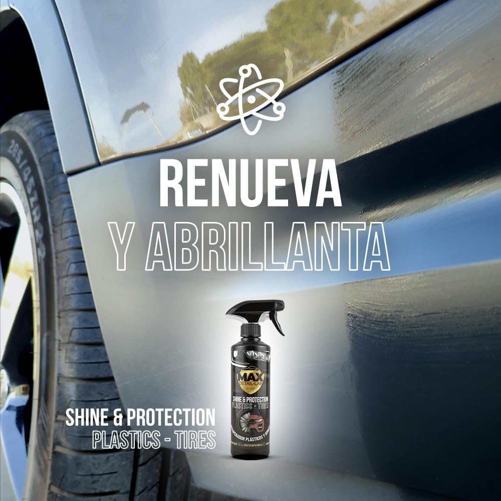 Imagen del producto - MAX DETAIL-LAB - Shine & Protection - Renovador Plasticos Coche, Restaurador Hidratador Abrillantador Neumaticos Gomas, Reparador Rejuvenecedor, Kit Limpieza Detailing Car Profesional Moto, 500ml