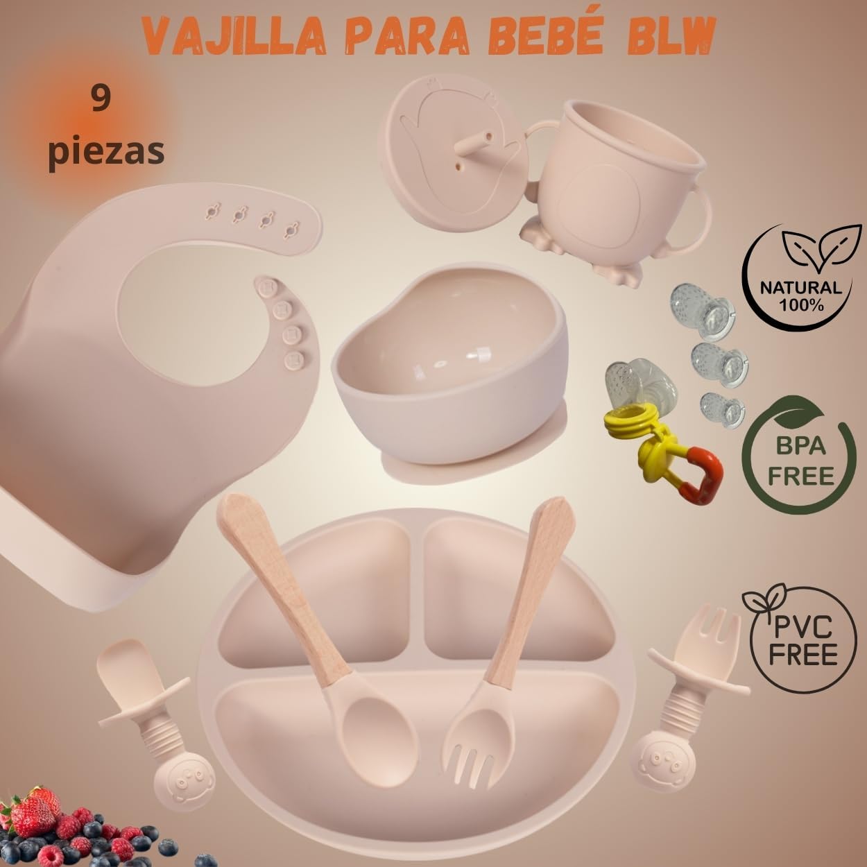 Imagen del producto - FlexiTot – Vajilla Bebe Silicona, 9 Piezas, Libre de BPA, Incluye Plato Con Ventosa, Vaso Antiahogo, Juego Cubiertos Aprendizaje Bebe mini, Bol y Babero Silicona. Regalo chupete fruta. Color beige