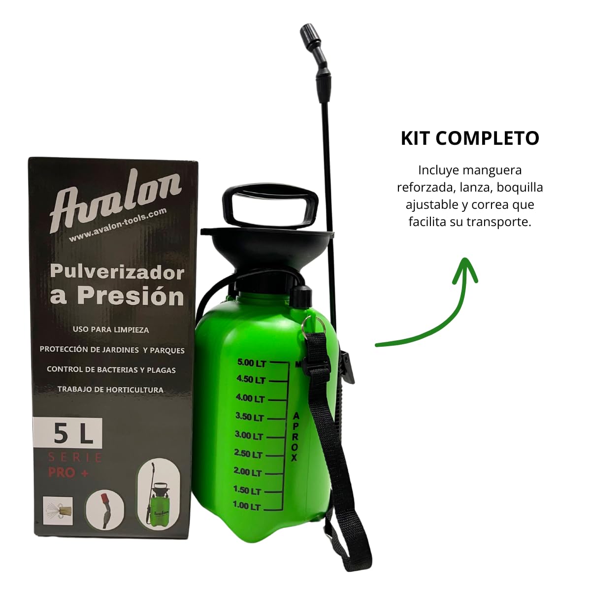 Imagen del producto - Avalon - Pulverizador Manual de presión previa con Tanque de 5 litros de Capacidad indicado para el Cuidado del jardín y Limpieza Exterior. Incluye Lanza y Correas Ajustables