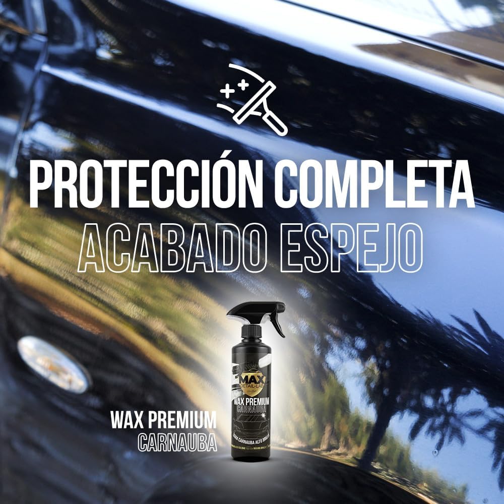 MAX DETAIL-LAB - Wax Premium - Cera Liquida Carnauba Abrillantado Coche, Lavado Alto Brillo, Poder Hidrofóbico Repelente Agua Antilluvia, Kit Limpieza Detailing Car Profesional Auto Moto, 500ml