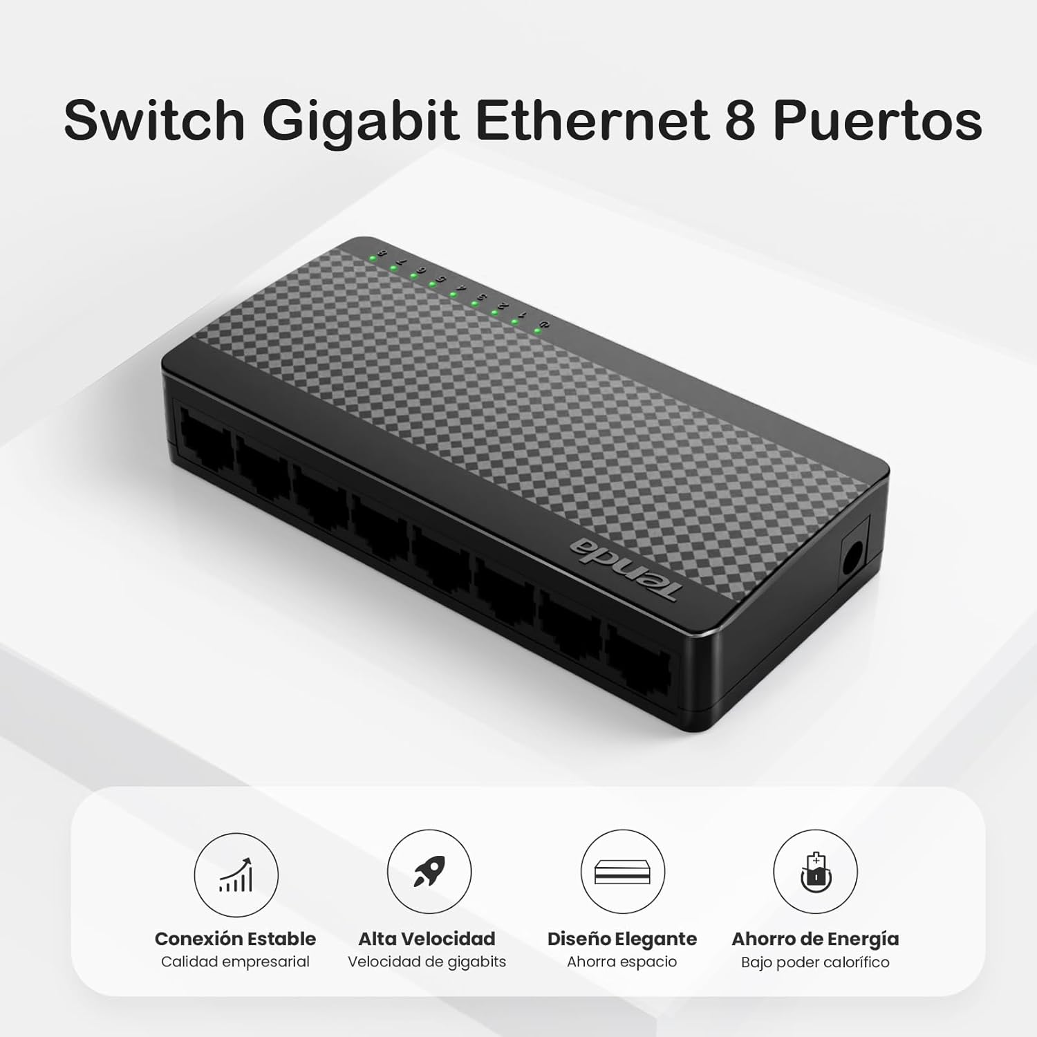 Imagen del producto - Tenda SG108V4.0 Switch Ethernet Gigabit de 8 Puertos, 10/100/1000 Mbps, RJ45, IEEE 802.3X, MDI/MDIX Automático, Modo Dúplex Completo, Plug y Play, No administrado, Sin Configuración, Silencioso, Negro