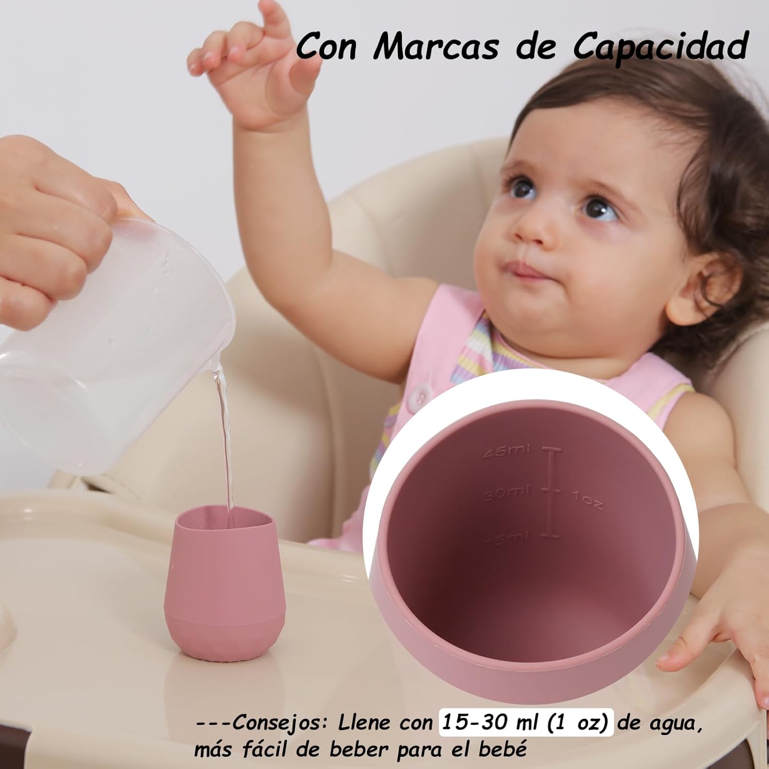 Imagen del producto - Seposeve Vaso Aprendizaje Bebe Silicona, Paquete de 2 Vaso Agua Bebe para 6-12 meses, Botella Agua Bebe 1-2 año, Tiny Open Vaso Antiderrame Bebe, con Marcas de Capacidad, Rosa Morado