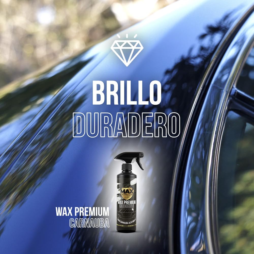 MAX DETAIL-LAB - Wax Premium - Cera Liquida Carnauba Abrillantado Coche, Lavado Alto Brillo, Poder Hidrofóbico Repelente Agua Antilluvia, Kit Limpieza Detailing Car Profesional Auto Moto, 500ml