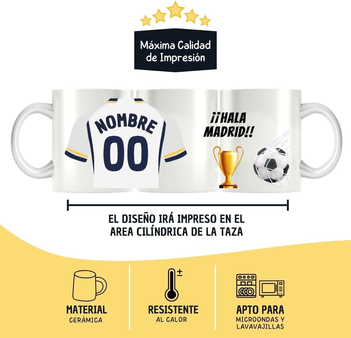 Imagen del producto - Taza Personalizada Fútbol | Tazas de Desayuno Real Madrid | Regalo Original para Aficionados del Futbol | Cosas de futbol para Niños | Regalos Mundial Futbolistas (Real Madrid)