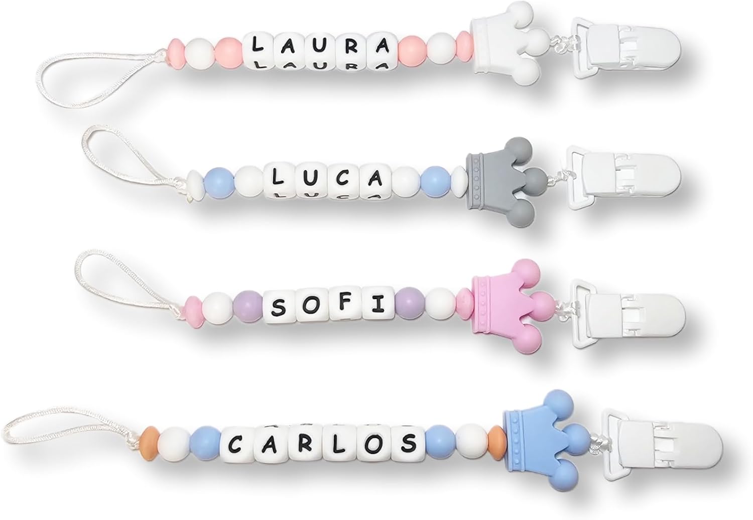 Imagen del producto - Chupeteros personalizados con el nombre de su bebe. Seleccione color, diseño y nombre de la cadena del chupete. Sujetachupetes seguros y divertidos. TetebyNoa (Azul Claro)