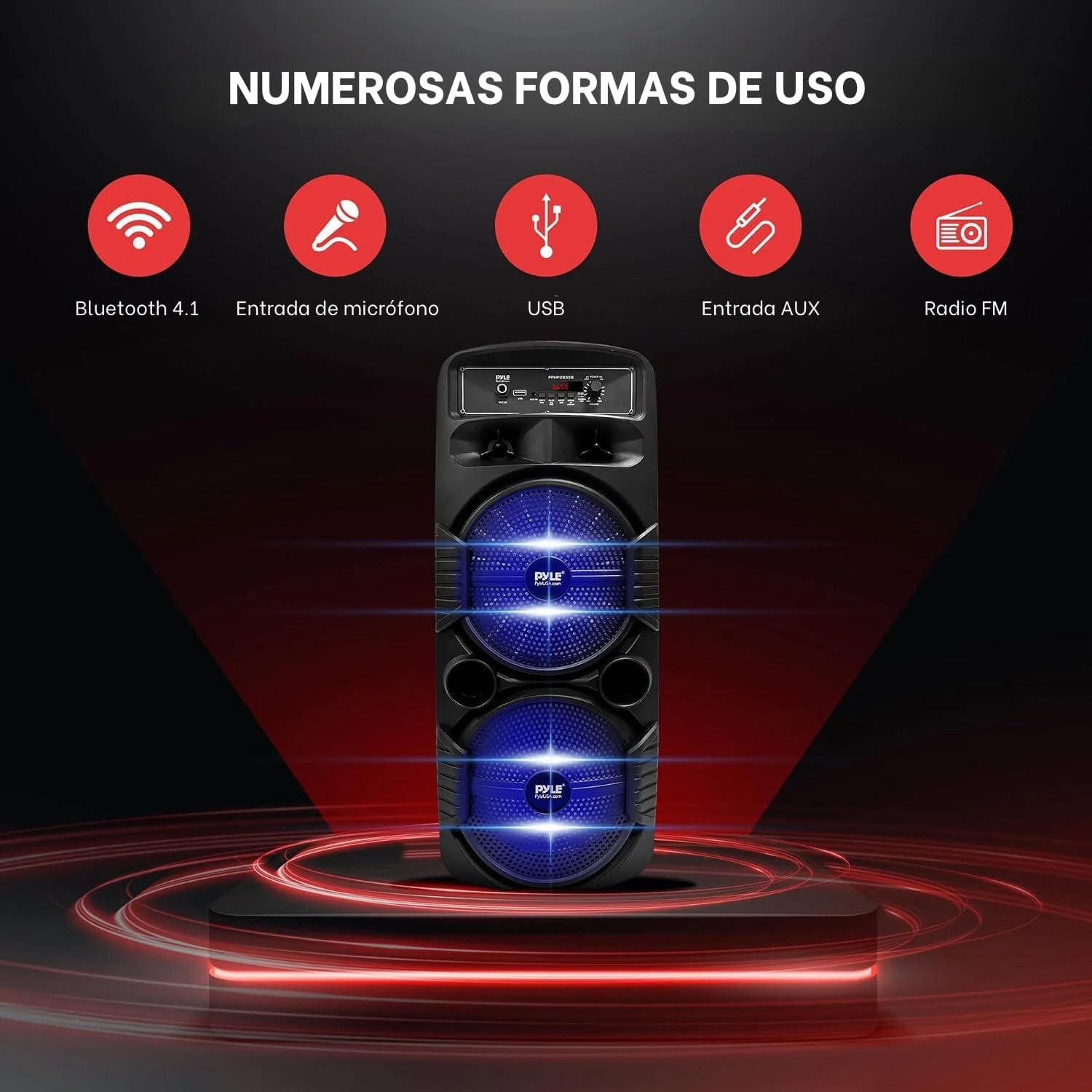 Imagen del producto - Pyle sistema de altavoces, PA, 600W, Bluetooth, Portatil, Recargable, Interiores, Exteriores, Subwoofer de 8”, Tweeter de 1”, función de grabación, micrófono, luces de fiesta, Radio USB/SD, Negro