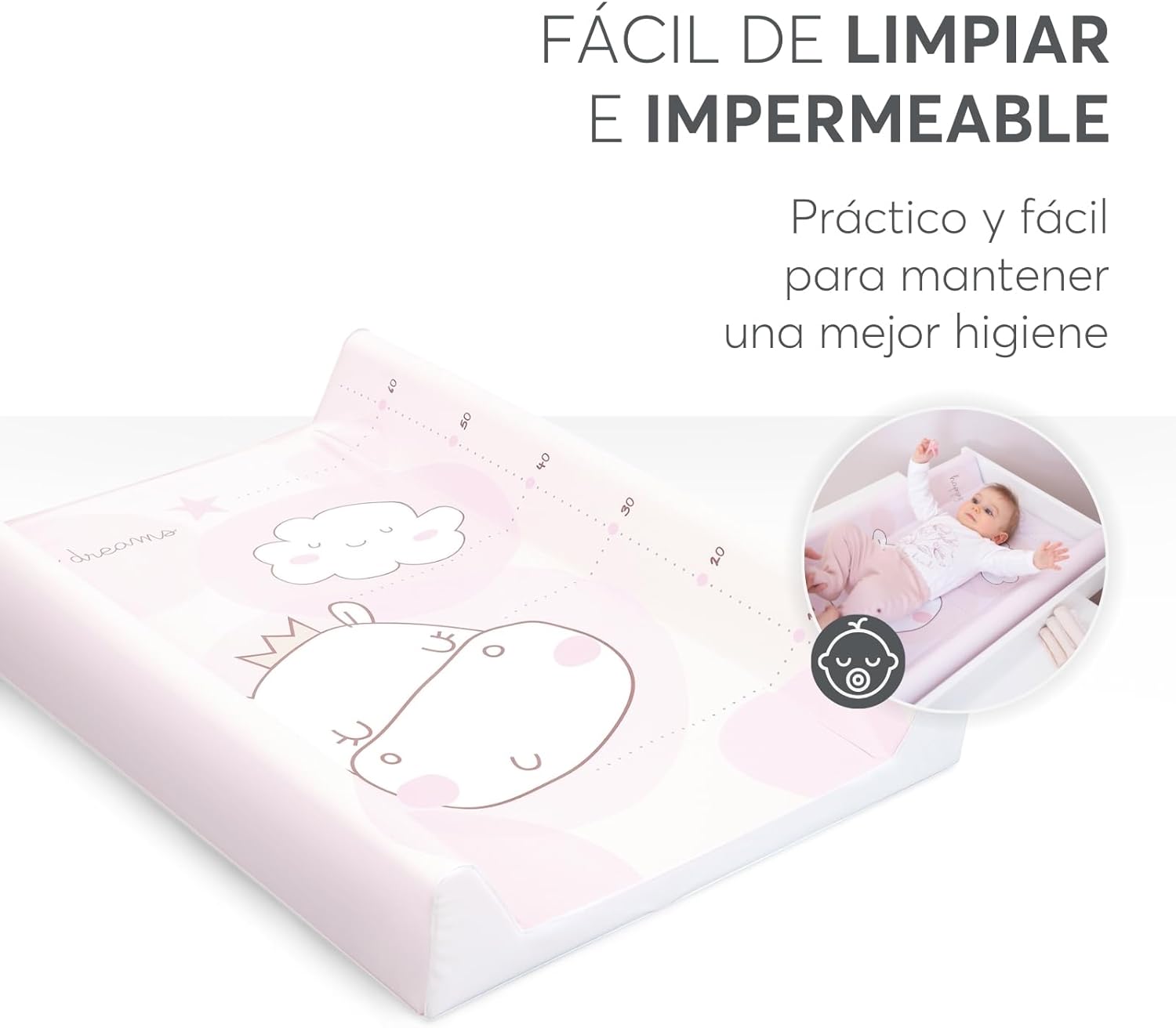 Imagen del producto - KikkaBoo Cambiador Bebé HIPPO DREAMS, Cambiador Suave de PVC 80x50 cm, Impermeable y Portátil, Rosa