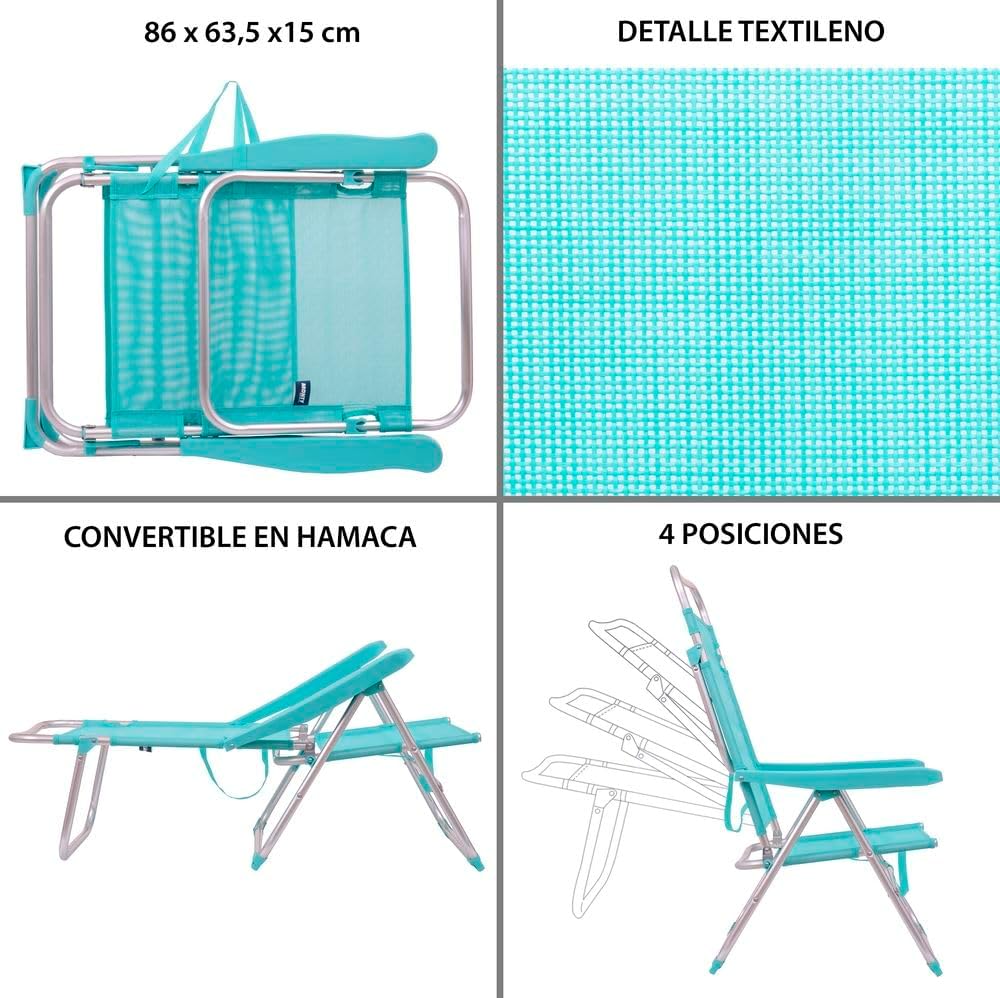 Imagen del producto - LOLAhome Silla de Playa Alta Plegable y reclinable de 4 Posiciones de Aluminio y textileno Aguamarina de 62x55x100 cm