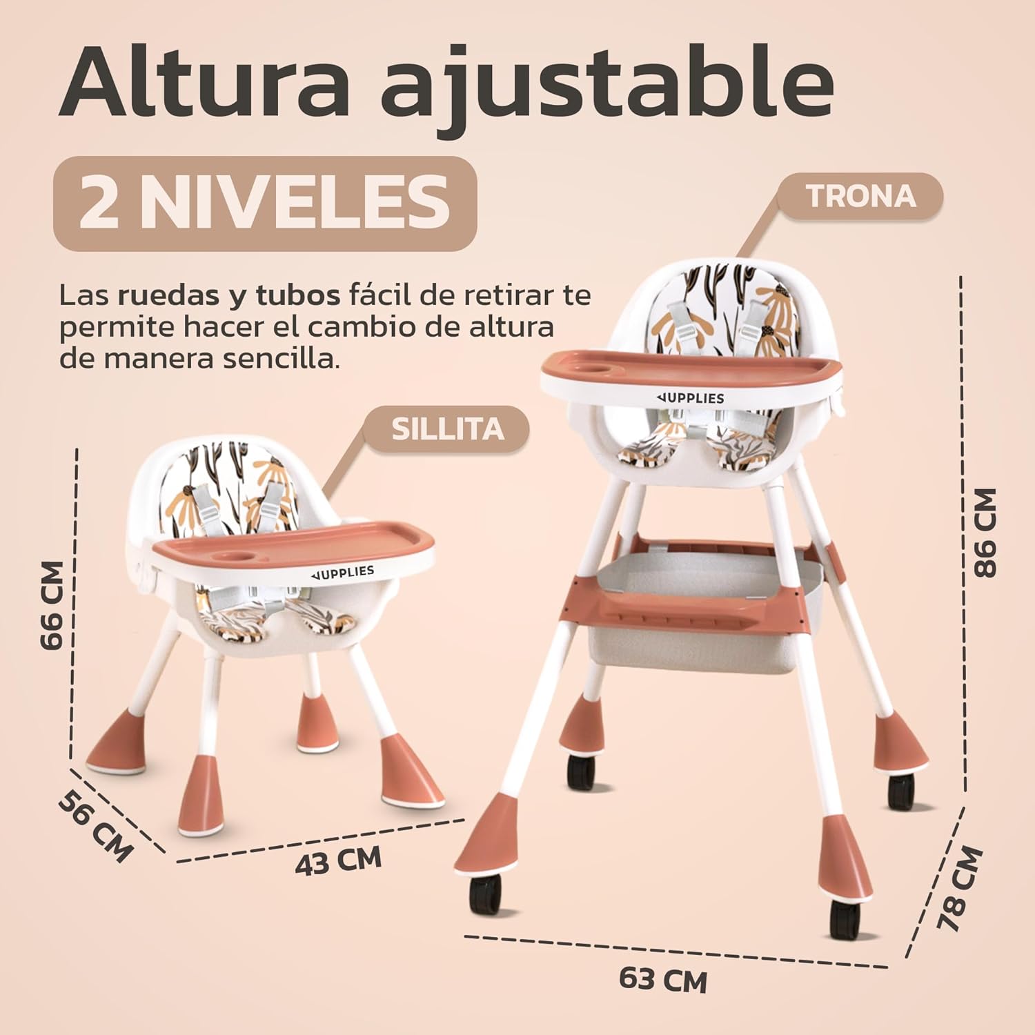 Imagen del producto - JUPPLIES Tronas de Bebe - Trona de Bebe Evolutiva 2 en 1 con Doble Bandeja y Arnés con 5 Puntos - Silla de Comer Portatil para Bebe hasta 30kg - High Chair Cadeira Bebe Refeições (Café)