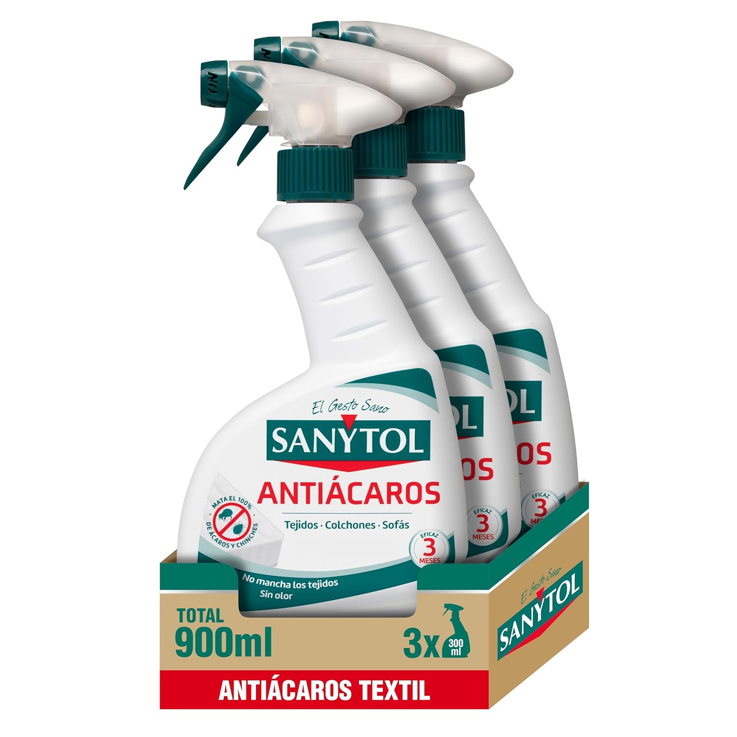 Sanytol Antiácaros Spray 300 ml - Elimina Ácaros y Chinches en Tejidos no Lavables - Pack de 3