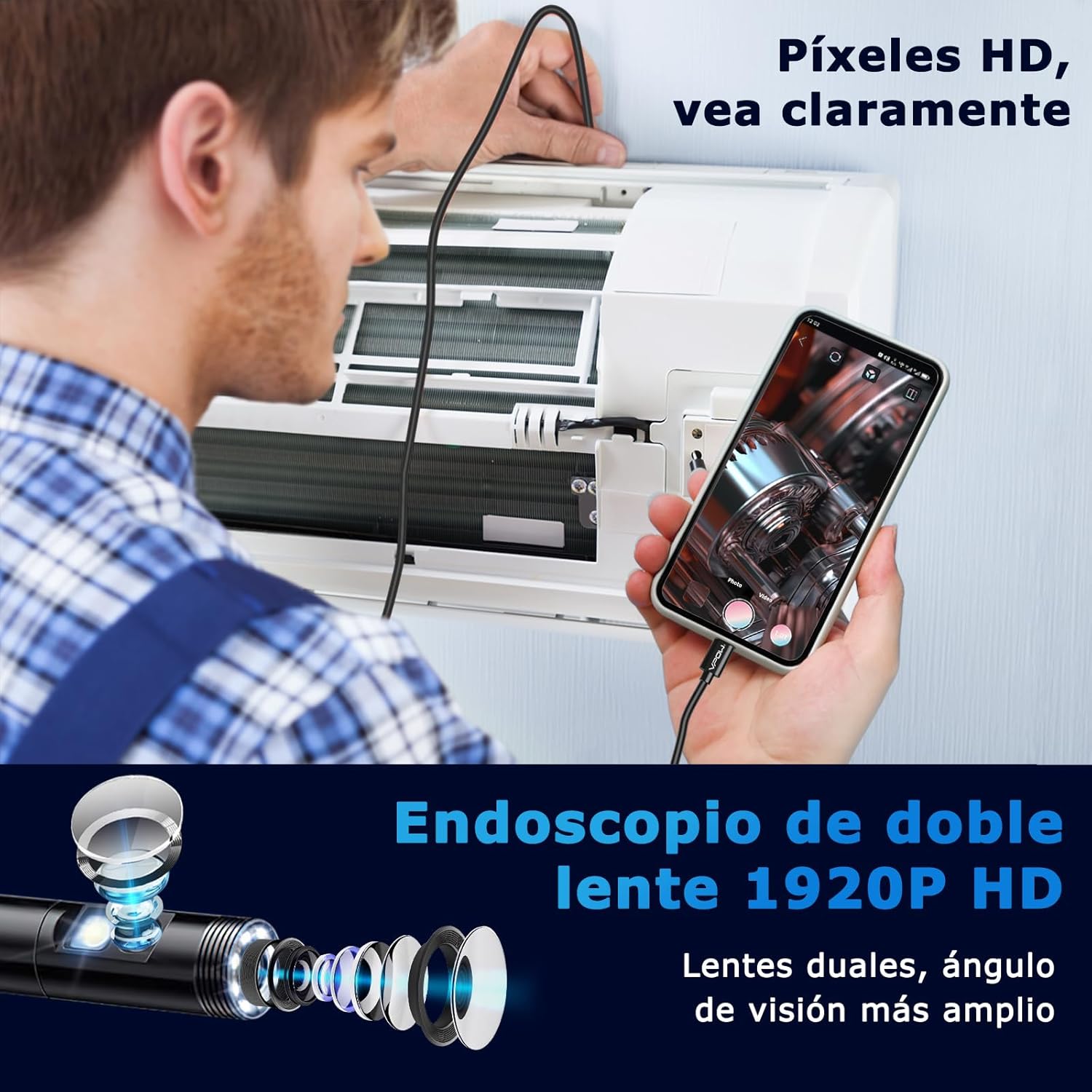 Imagen del producto - USB Camara Movil Inspeccion Endoscopio：Lente Doble HD 1920P Boroscópio de Inspeção de Cobra - Camara Tuberias com 8 Luzes LED - 16.4FT Edoscópica No se Requiere WiFi Smartphones Android e iPhone iOS