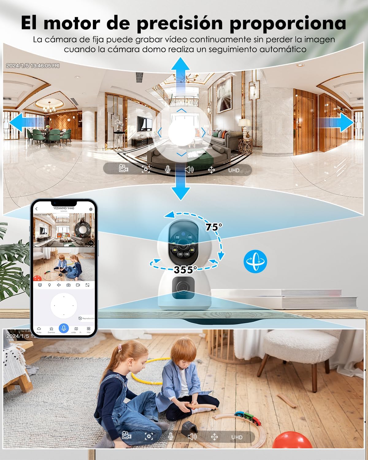 Imagen del producto - YESYAMO Cámara Vigilancia WiFi Interior 2K 4MP, Cámara Vigilancia Domicilio WiFi con 2.4G/5G WiFi 360° Cámara de Seguridad para bebé, Perro, Visión Nocturna, Seguimiento Automatico, Detección AI