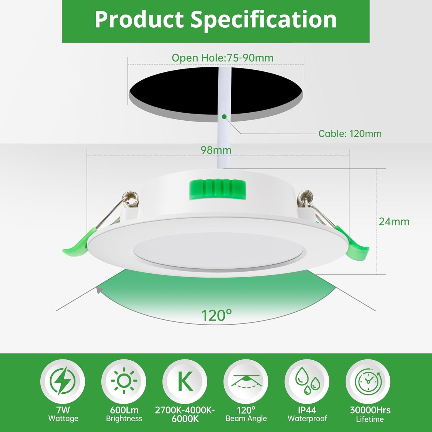 Imagen del producto - HOMEOW Downlight Led Techo Empotrable Extraplano, 7W 600lm IP44 Ojos de Buey Led, Blanco Cálido 2700K, Blanco Natural 4000K y Blanco Frio 6000K Focos Led Techo, Apertura 75-90mm, No Regulable, Pack 10