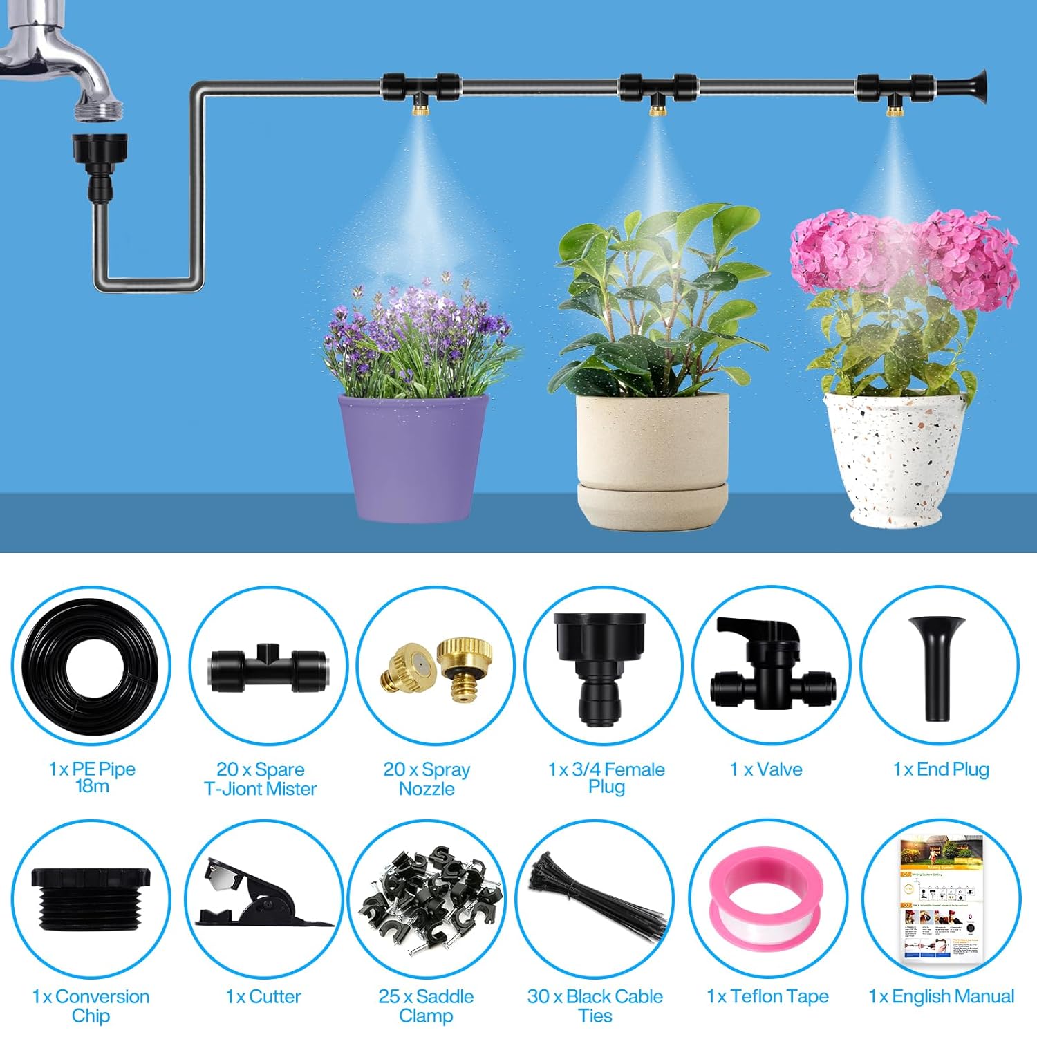 Imagen del producto - GUHAOOL 103PCS Kit Nebulizador Terraza, 18M Sistema Nebulización Sistema Riego Automático con 20 Boquilla de Nebulizadora de Latón+ 20 Conector de Boquilla Tobera T, para Giardino, Sombrillas