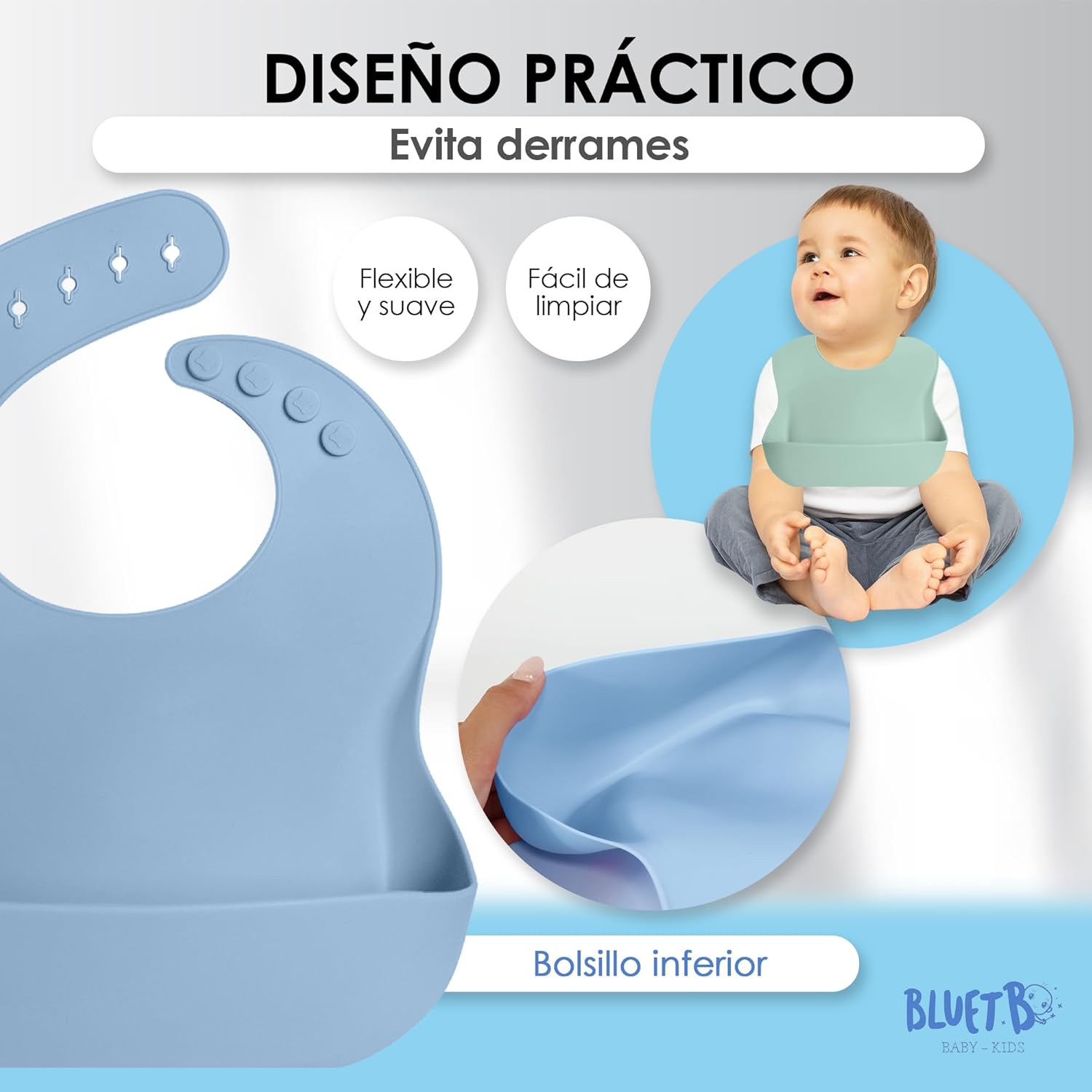 Imagen del producto - Bluet B Baby - Set de 3 Baberos Bebe Impermeables de Silicona - Babero Silicona Bebe libre de BPA - Flexible y Suave - Ajustable y Portable con Bolsillo Grande para Atrapar Comida