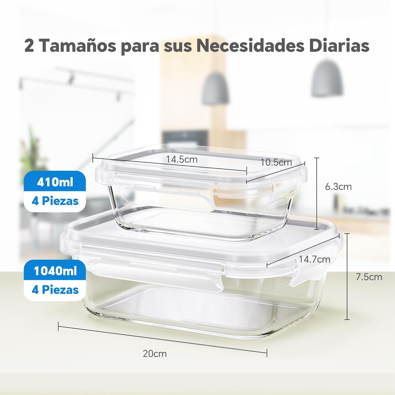 TUSEASY Tapers de Cristal Hermeticos con Tapa, 8 Piezas 1040ml/410ml Meal Prep para Comida, Envases Recipientes de Vidrio Borosilicato para Alimentos, Apto para microondas y lavavajillas, Sin BPA