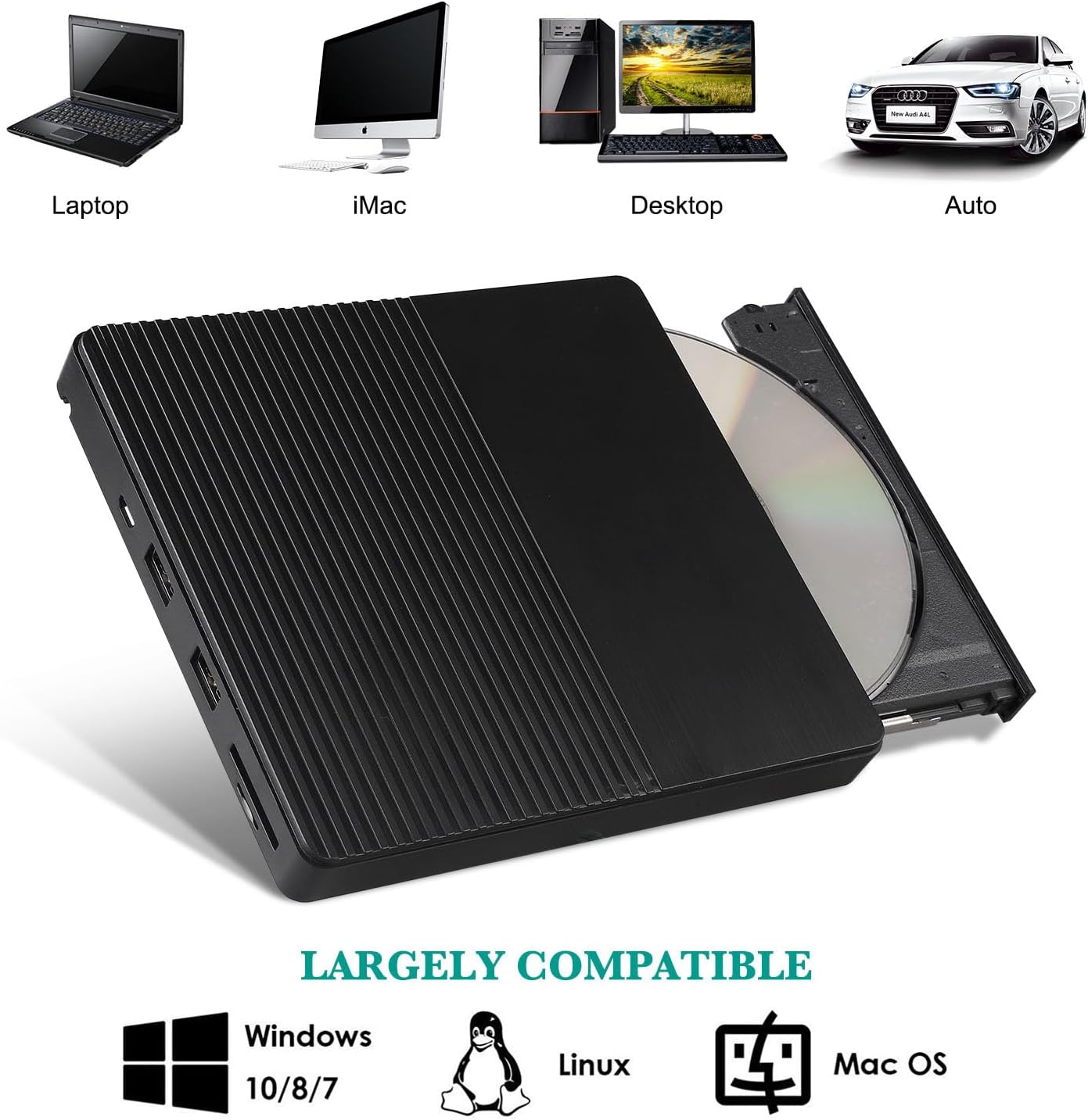 Imagen del producto - Unidad óptica Externa multifunción 5 en 1 para Laptop, grabadora de CD y DVD, grabadora de CD portátil USB 3.0 Tipo C con Ranura SD, para Ventana, Mac OS, Linux, Vista