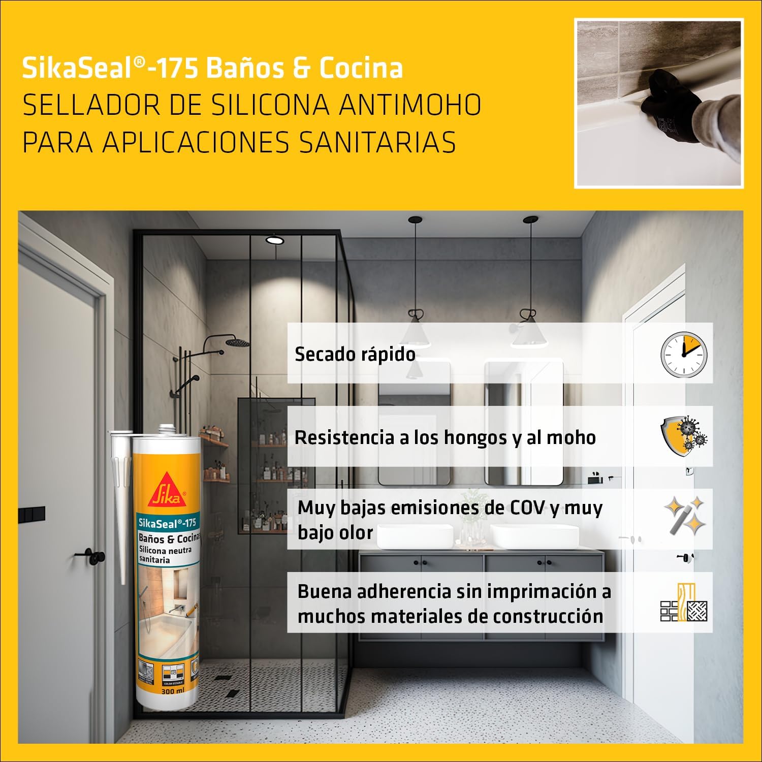 Imagen del producto - SIKA - Silicona neutra sanitaria - SikaSeal 175 Baños & Cocinas - Blanco - Sellador de silicona antimoho para aplicaciones sanitarias - Muy bajo olor - 300ml