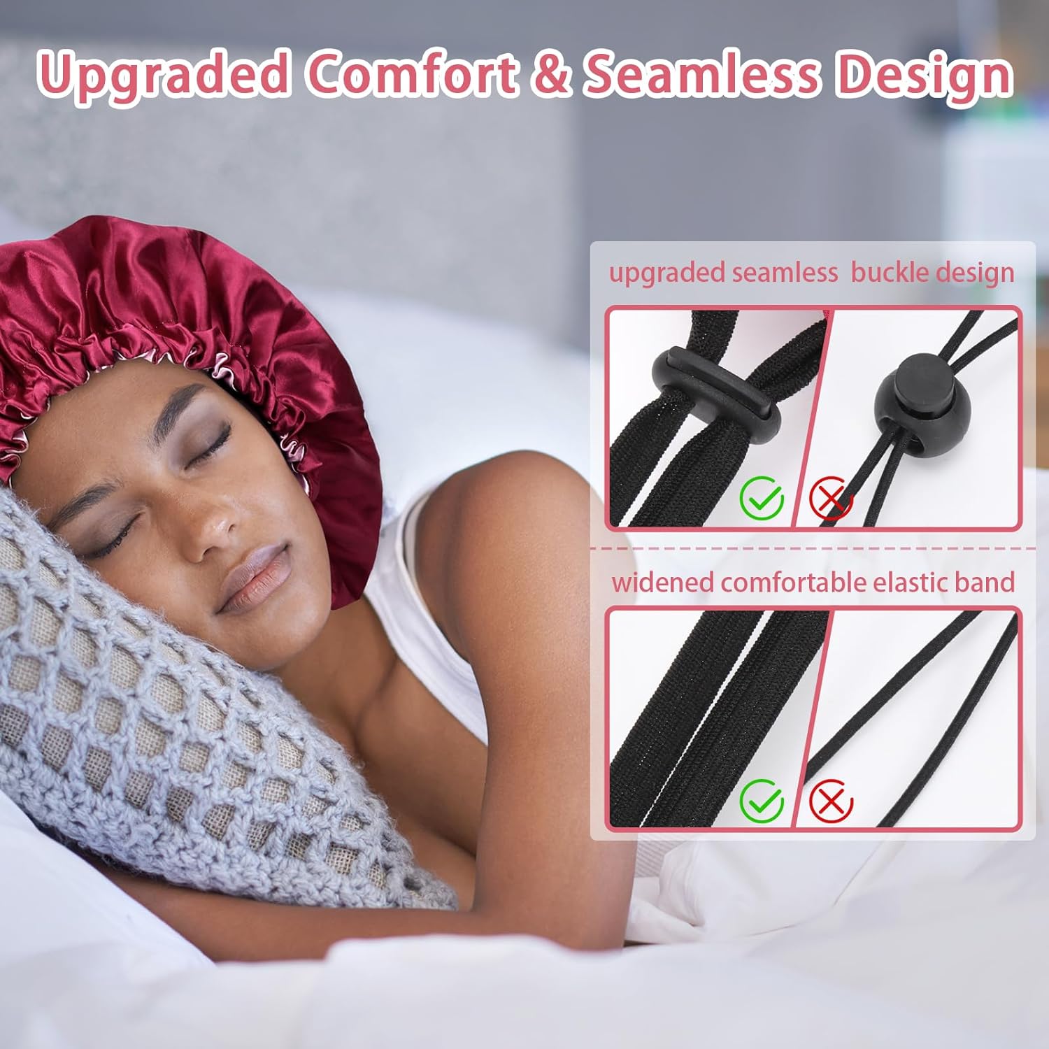 Imagen del producto - Euqvunn 2 Piezas Gorro De Seda Para Dormir, Ajustable Con Banda Elástica Ancha Gorro Saten Pelo Rizado, Doble Cara En Dos Colores, Adecuado Para Cabello Largo/Liso/Rizado Protección (Negro Rojo)