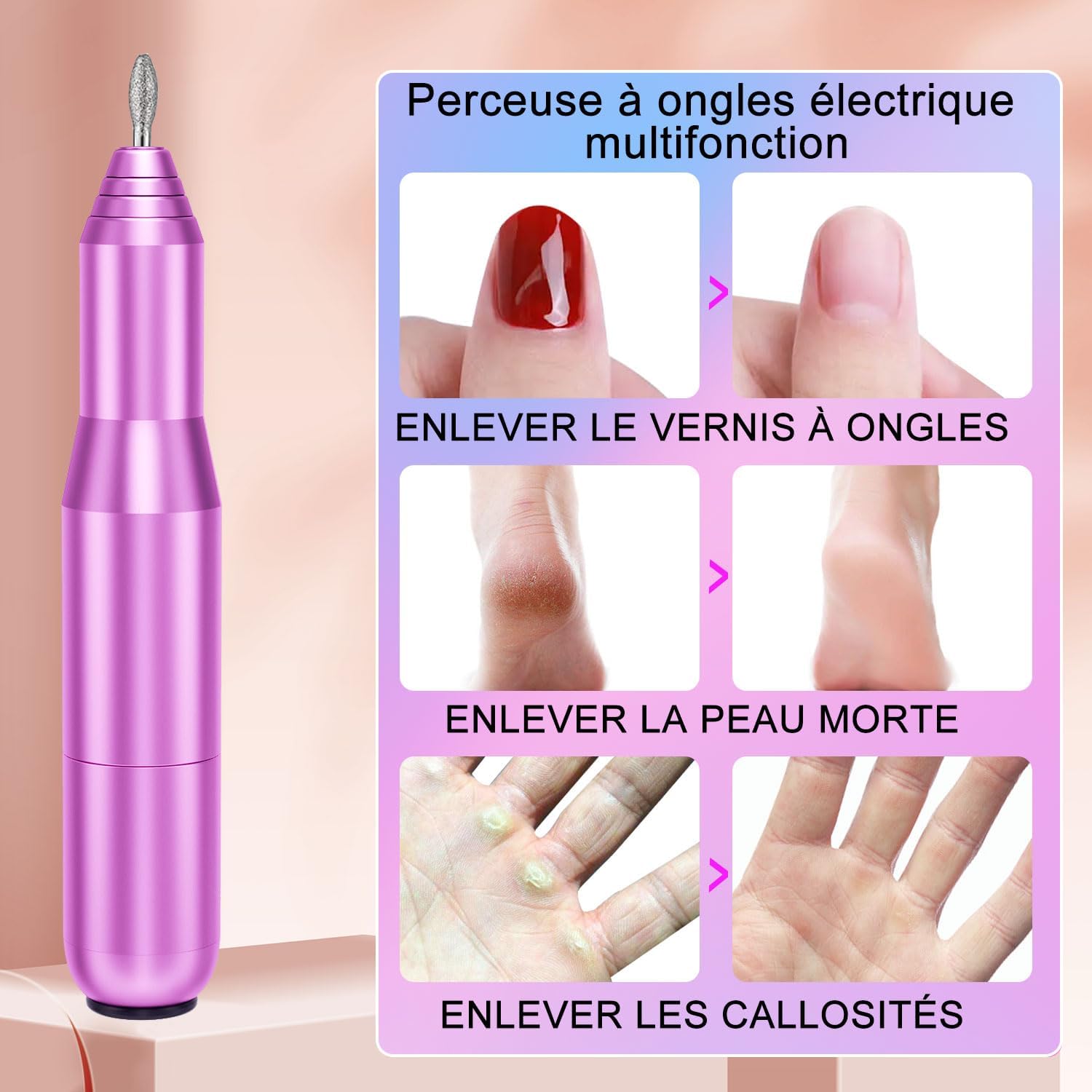 Imagen del producto - FOLAI - Lijadora para uñas eléctricas, kit de manicura y pedicura eléctrica portátil, silenciadora para uñas profesional con USB 25000RPM(violeta)