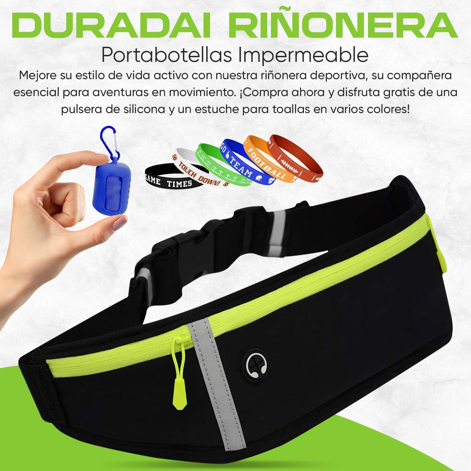 Imagen del producto - DURADAI Riñonera Running + Funda de Silicona para Toalla + Pulsera de Silicona | Porta Movil Running Ideal | Cinturon Running Hombre Impermeable Senderismo