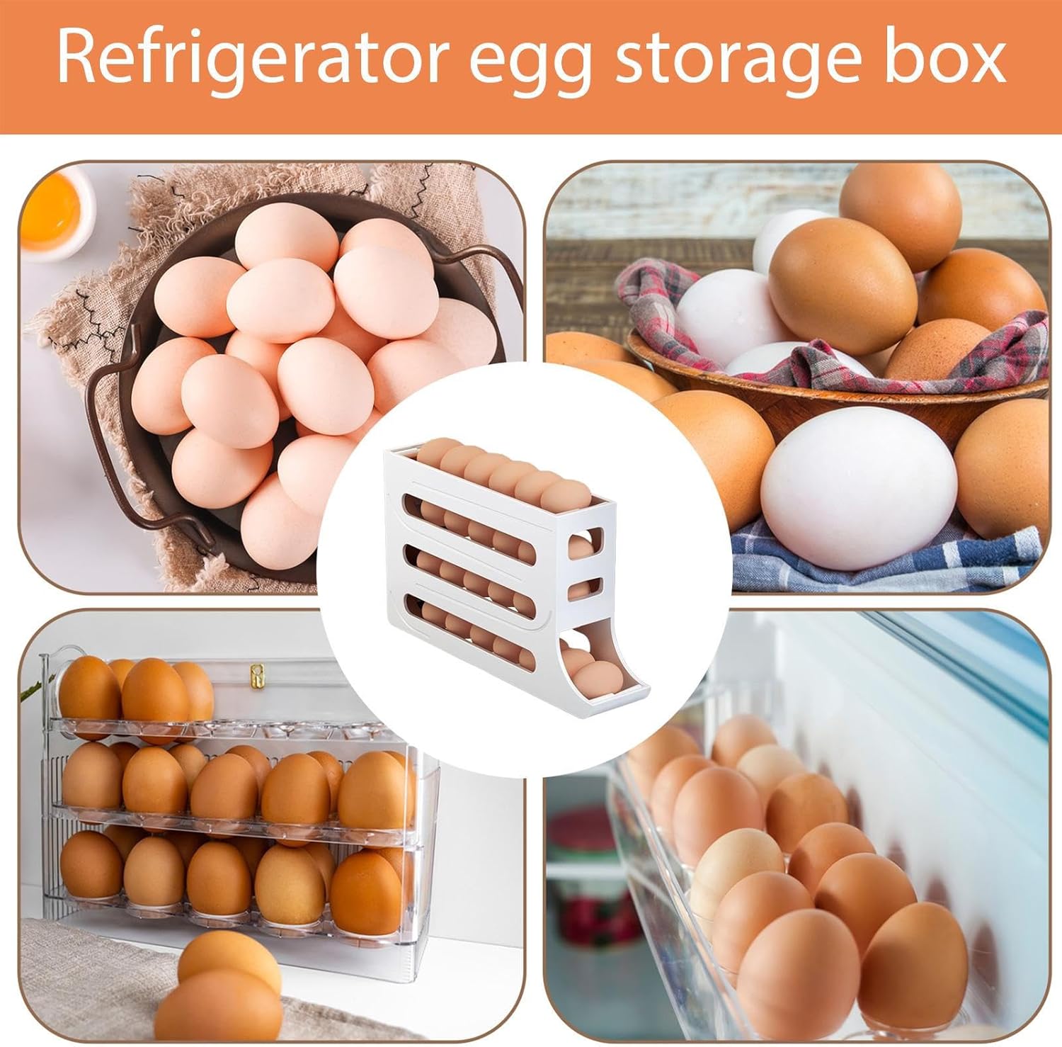 Imagen del producto - Birtern Huevera para Nevera, Caja de Almacenamiento de Huevos | Bandeja para Huevos con Ruedas automáticas de 4 Niveles,Contenedor de Almacenamiento de Alimentos para refrigerador, gabinete de Cocina