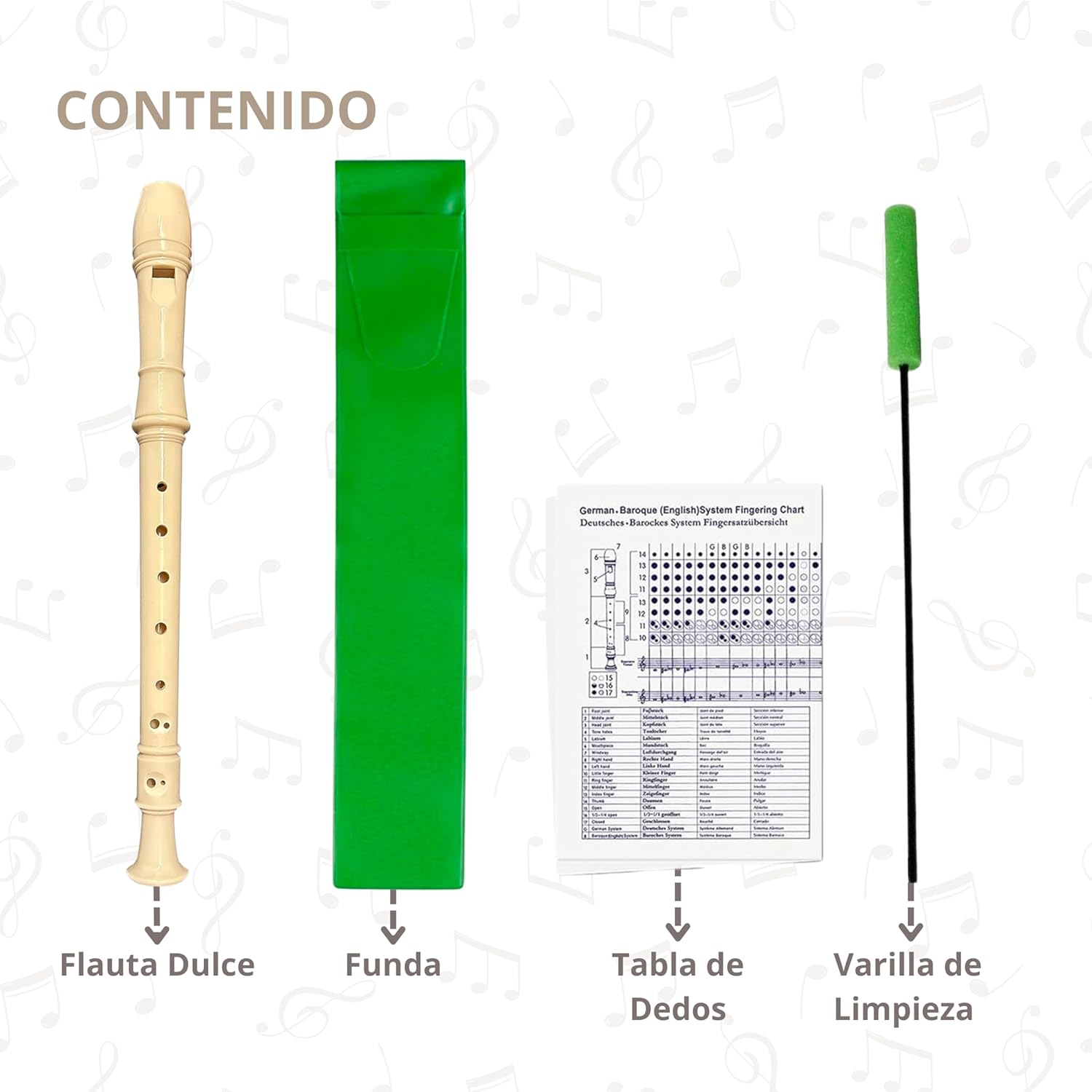 Imagen del producto - Pack Flauta Dulce Soprano con Limpiador Flauta Escolar, Tabla de Dedos y Funda Flauta Escolar Tipo Estuche de Color Verde. Flauta Escolar Para Principiantes y Niños.