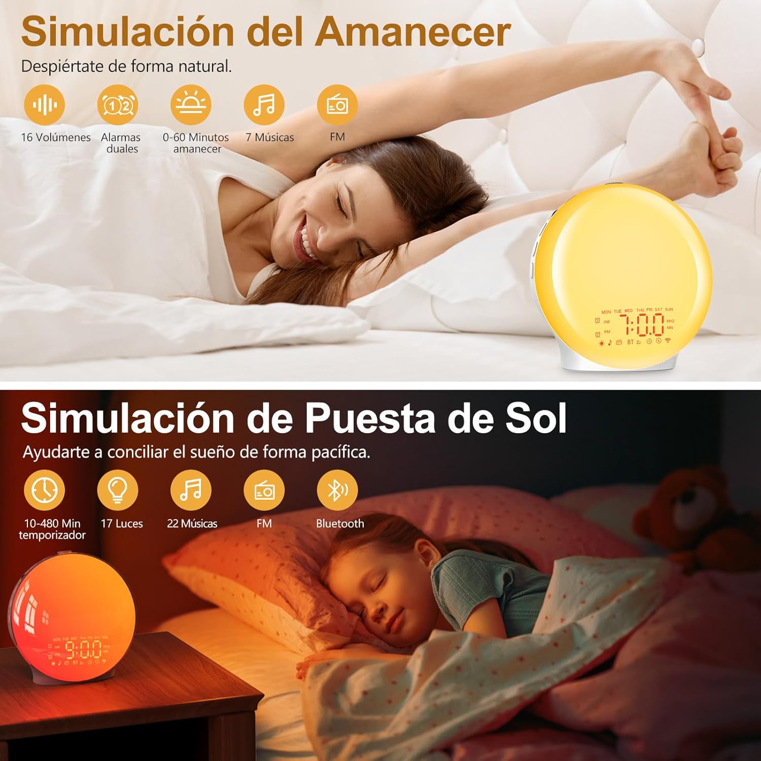 Imagen del producto - Despertador Luz Bluetooth,Reloj Despertador de Amanecer,Wake Up Light Simulación de Amanecer/Atardecer,17 Luces de Colores,2 Alarmas, 20 Niveles Brillo,22 Sonidos,Snooze Radio FM,Despertador Infantil