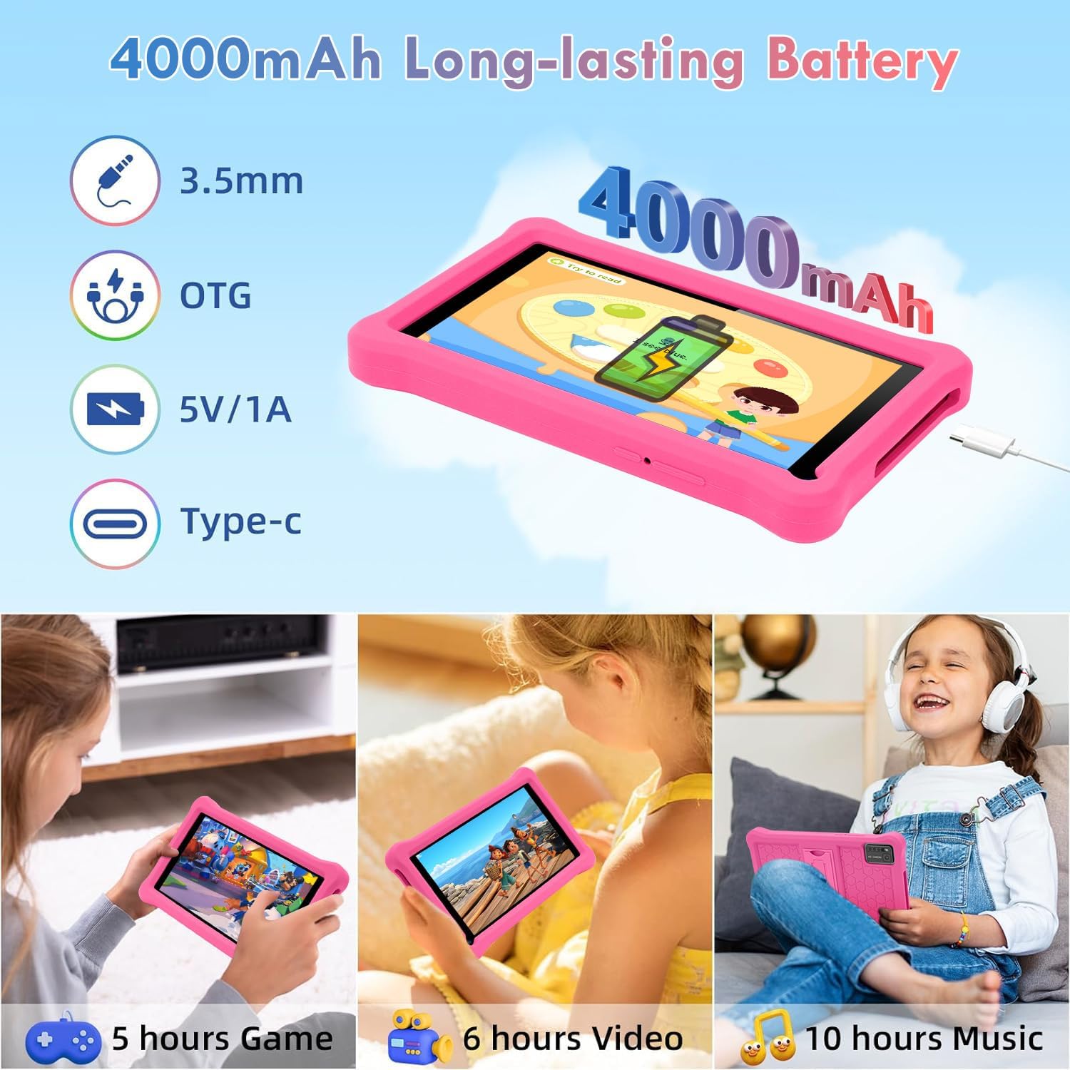 Imagen del producto - SANNUO Tablet para Niños 7 Pulgadas Android 11 Tableta con 6GB RAM 64GB ROM (TF 128GB), Google GMS, Pantalla IPS HD, Doble Cámara, Bluetooth, Control Parental, Tablet Infantil con Funda EVA(Rosa)