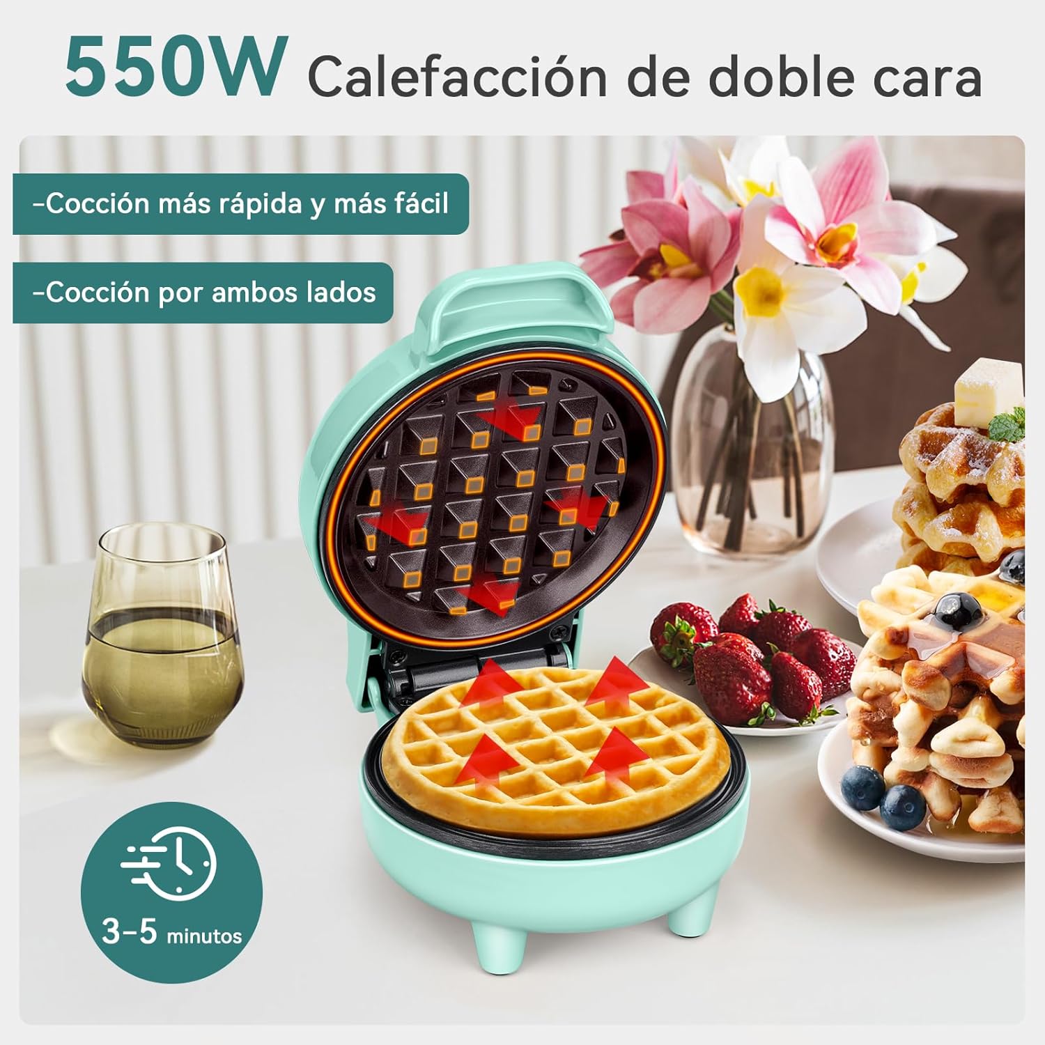 Imagen del producto - SNAILAR Gofrera Mini, ‎550Ｗ Waffle Maker, Gofrera Pequeña Para Gofres, Antiadherente, Mango Cool Touch, Diseño Compacto, Temperatura Automática, Verde