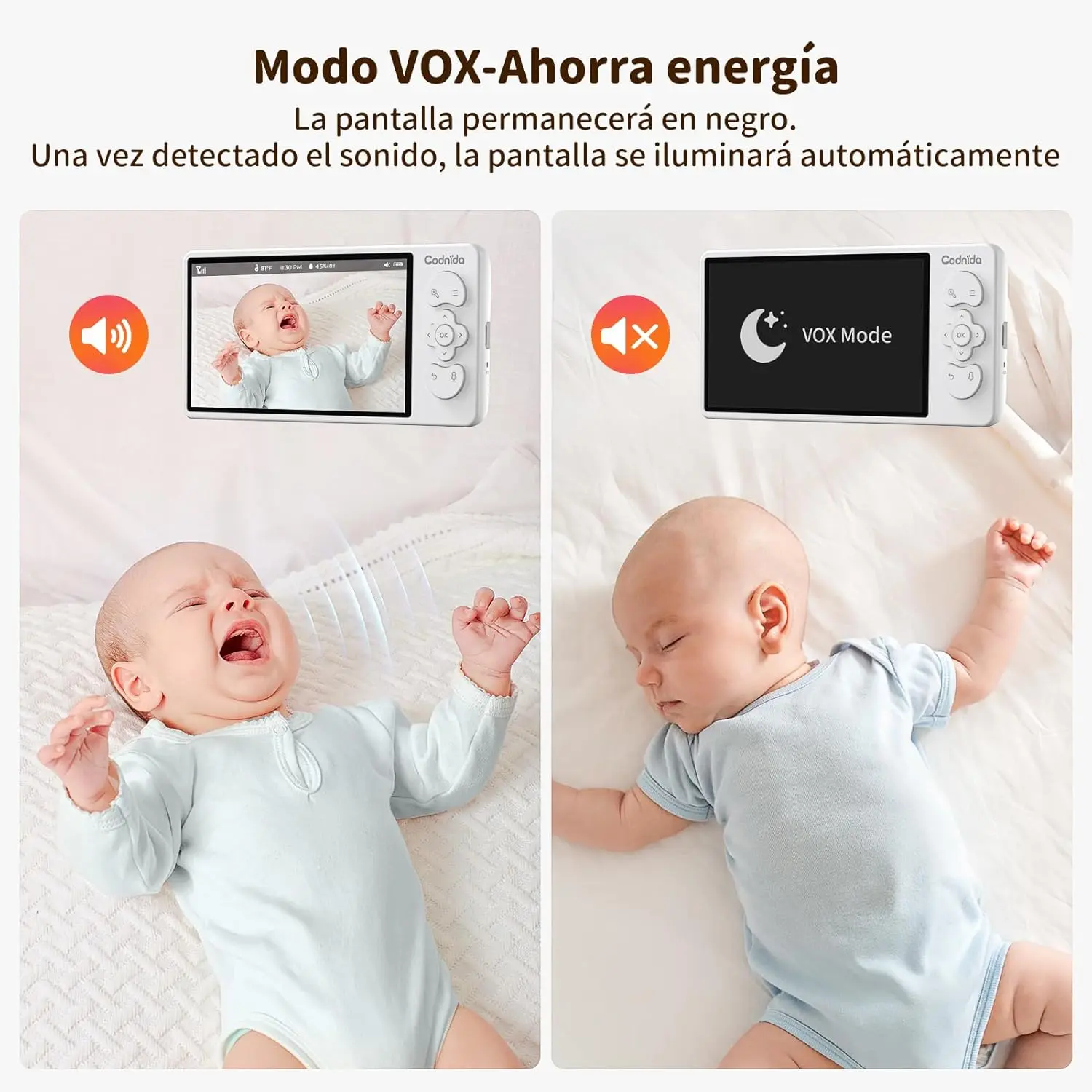 Codnida 5,5'' Camara Vigilancia Bebe LCD Pantalla, 3MP Vigilabebes con Camara con VOX, PTZ, Monitoreo de Movimiento, Audio de 2 Vías, Visión Nocturna, Temperatura Alarma, Control de Monitor y Movil