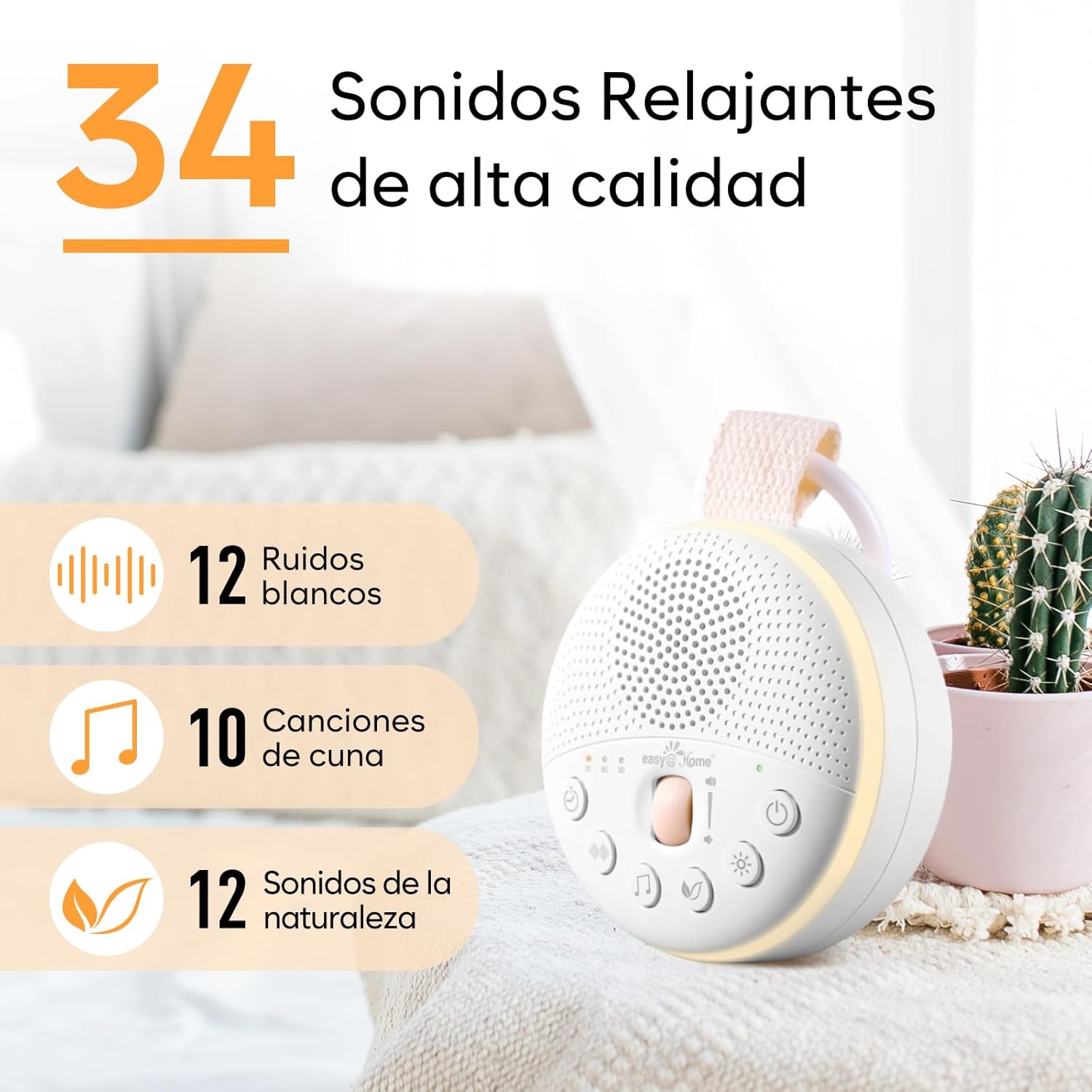 Imagen del producto - Easy@Home Máquina de Ruido Blanco para Dormir Bebé: Aparato Portátil de 34 Sonidos Relajantes con Luz Nocturna y Temporizador | Altavoz USB Recargable y Volumen Ajustable para Bebés o Adultos