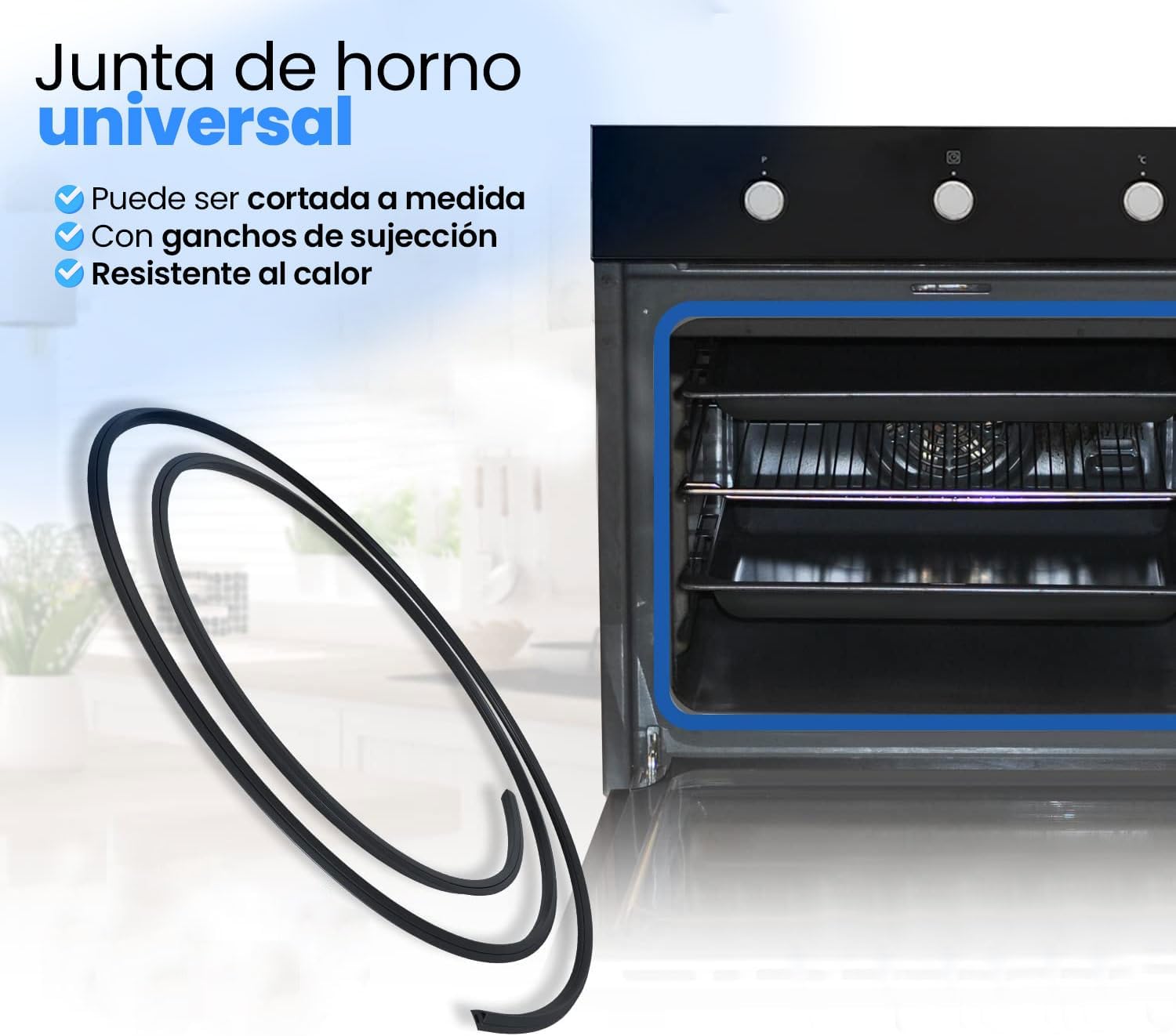 Imagen del producto - Anakel Home Repuesto Junta Puerta Horno Compatible con Horno Teka, Balay... | Goma Universal, Largura Recortable | Incluye 6 Ganchos de Fijación, Color Negro, 170 cm