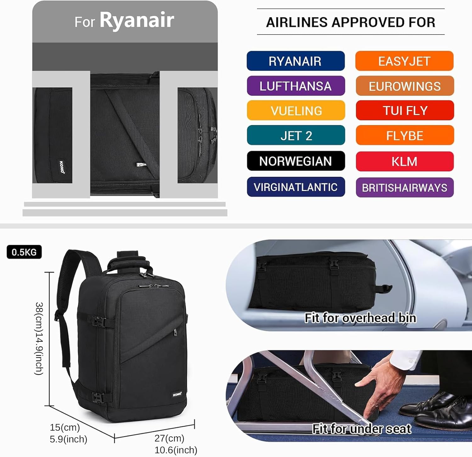 Imagen del producto - Kono Ryanair - Mochila de viaje para debajo del asiento de 40 x 20 x 25 pulgadas, tamaño 20 L