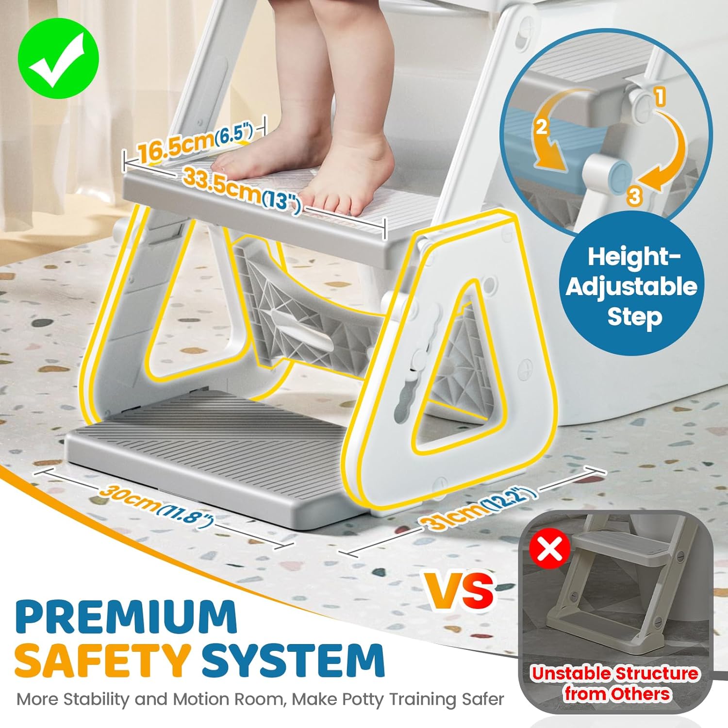 Imagen del producto - Orzbow Ajustable Adaptador Wc Niños con Escalera,Estabilizar Reductor Wc Niños con Estructura Triangular,Pedal Extendido y Cojín de PVC Impermeable,Antideslizante y Plegable,Ligero y Portátil,Gris