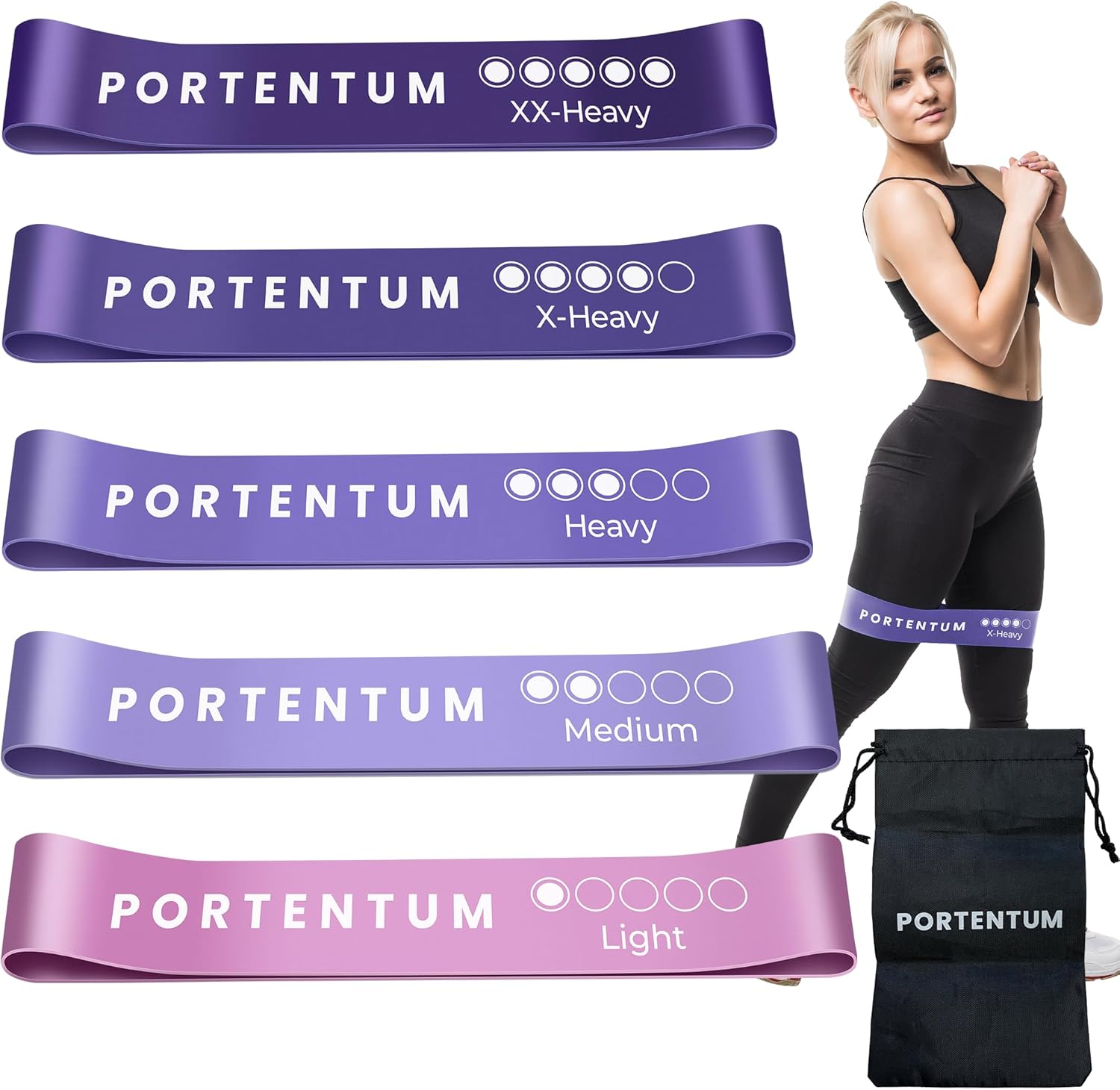 PORTENTUM Set de 5 Bandas Elásticas de Látex con Bolsa de Almacenamiento - Ideal para Musculación