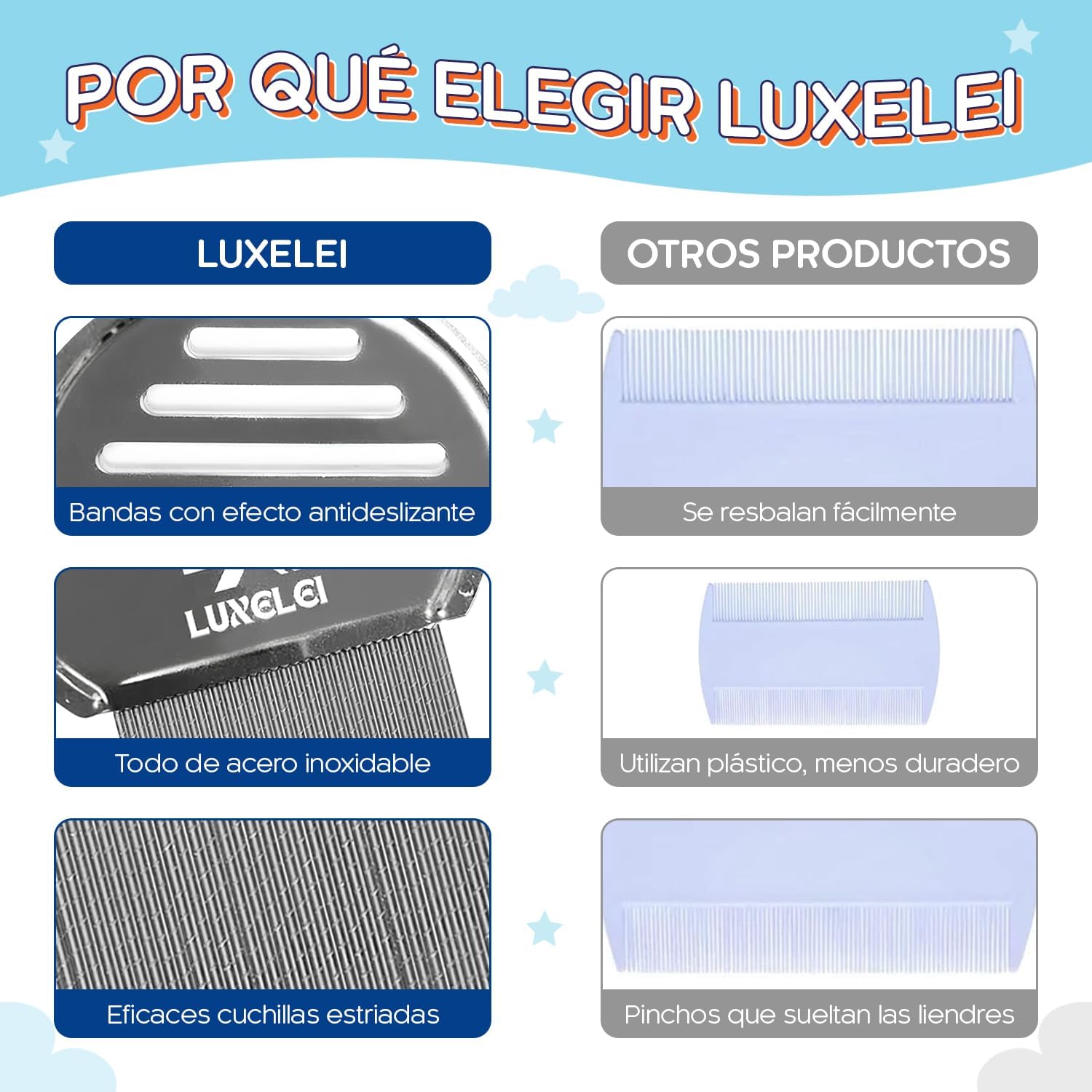 Imagen del producto - LUXELEI Liendrera Piojos Profesional - Piojos Tratamiento Profesional - Tratamiento Piojos y Liendres - Antipiojos y Liendres de Acero Inoxidable - Para Todo Tipo de Cabellos - Peine Piojos y Liendres