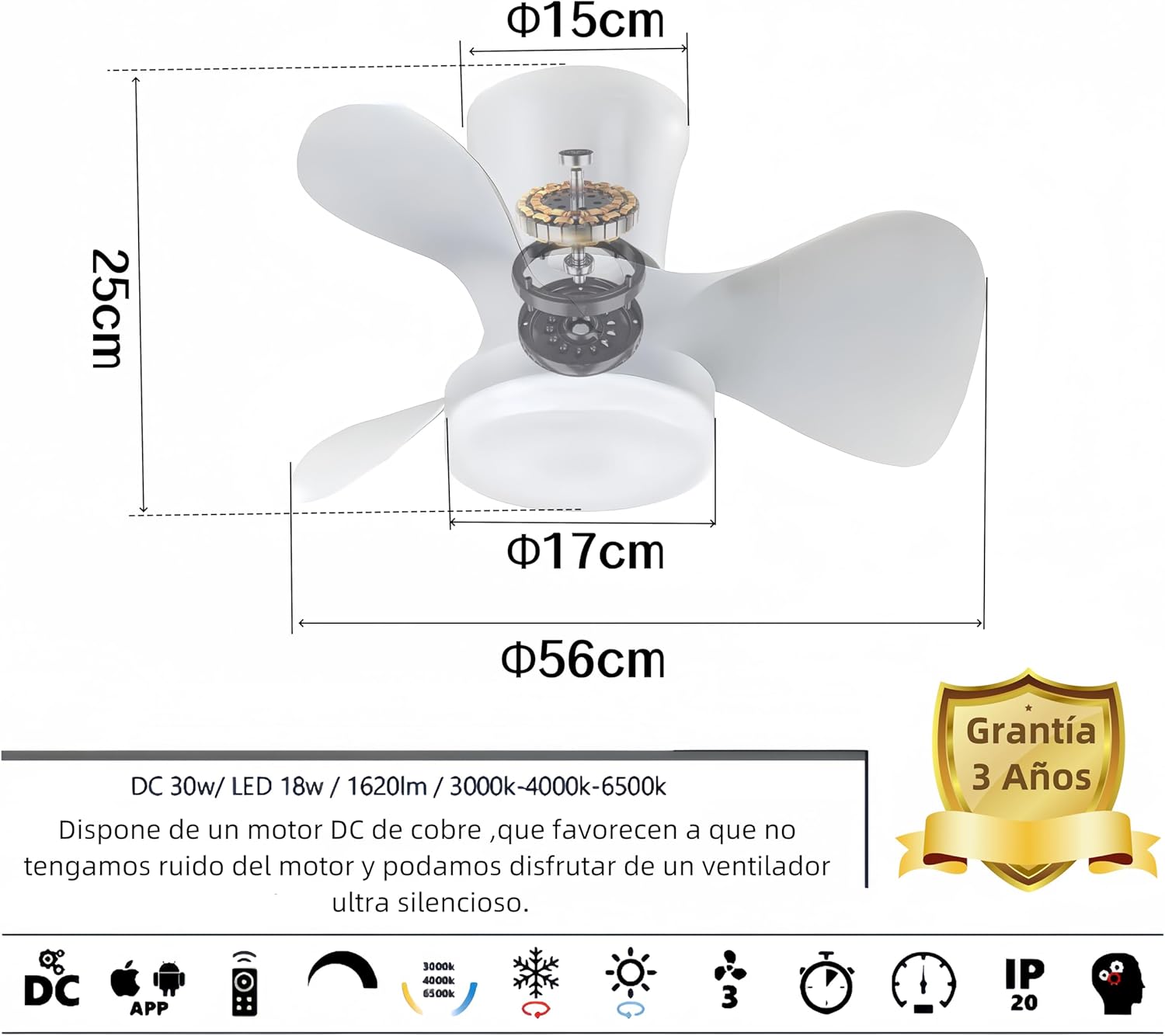 Imagen del producto - Ventilador de techo con luz LED 18W, motor DC 30W silencioso, ahorro energia y gran volumen de air, mando a distancia para cocina, dormitorio, comedor, patio Modos (Invierno/Verano) (Blanco)