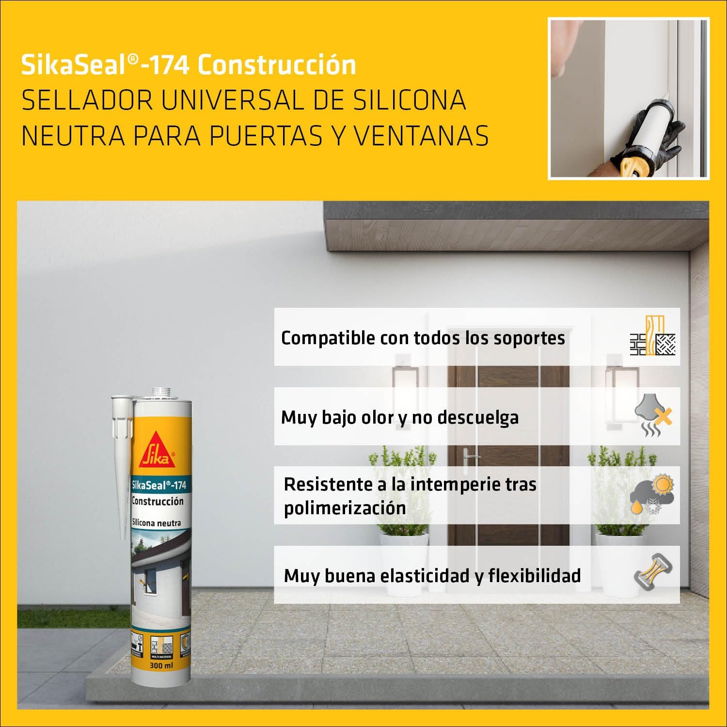 Imagen del producto - SIKA - Silicona neutra - SikaSeal 174 Construcción - Transparente - Sellador de silicona para marcos de puertas y ventanas - Muy bajo olor - 300ml