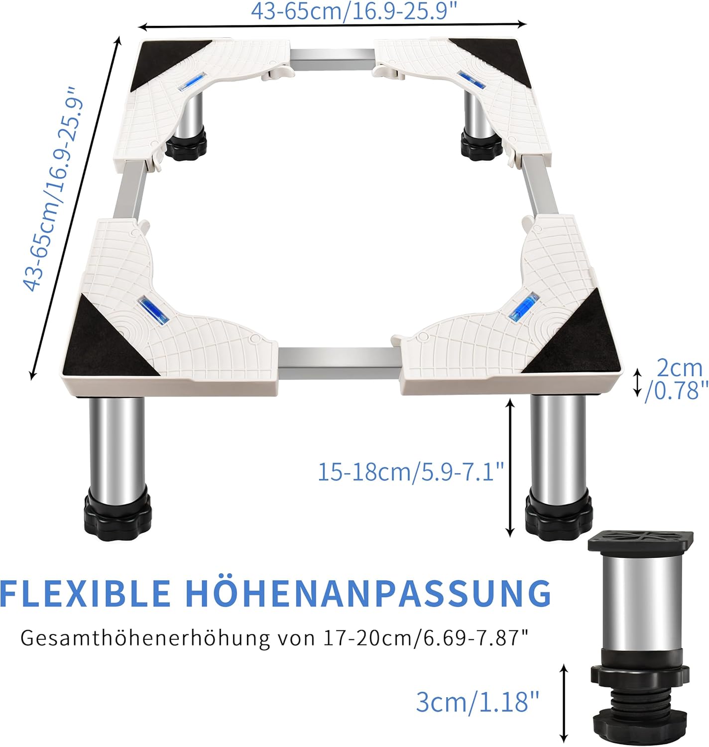 Imagen del producto - Soporte Lavadora Soporte de lavadora ajustable de acero inoxidable, base lavadora 43 – 65 cm, para frigorífico, lavadora, rockero, congelador